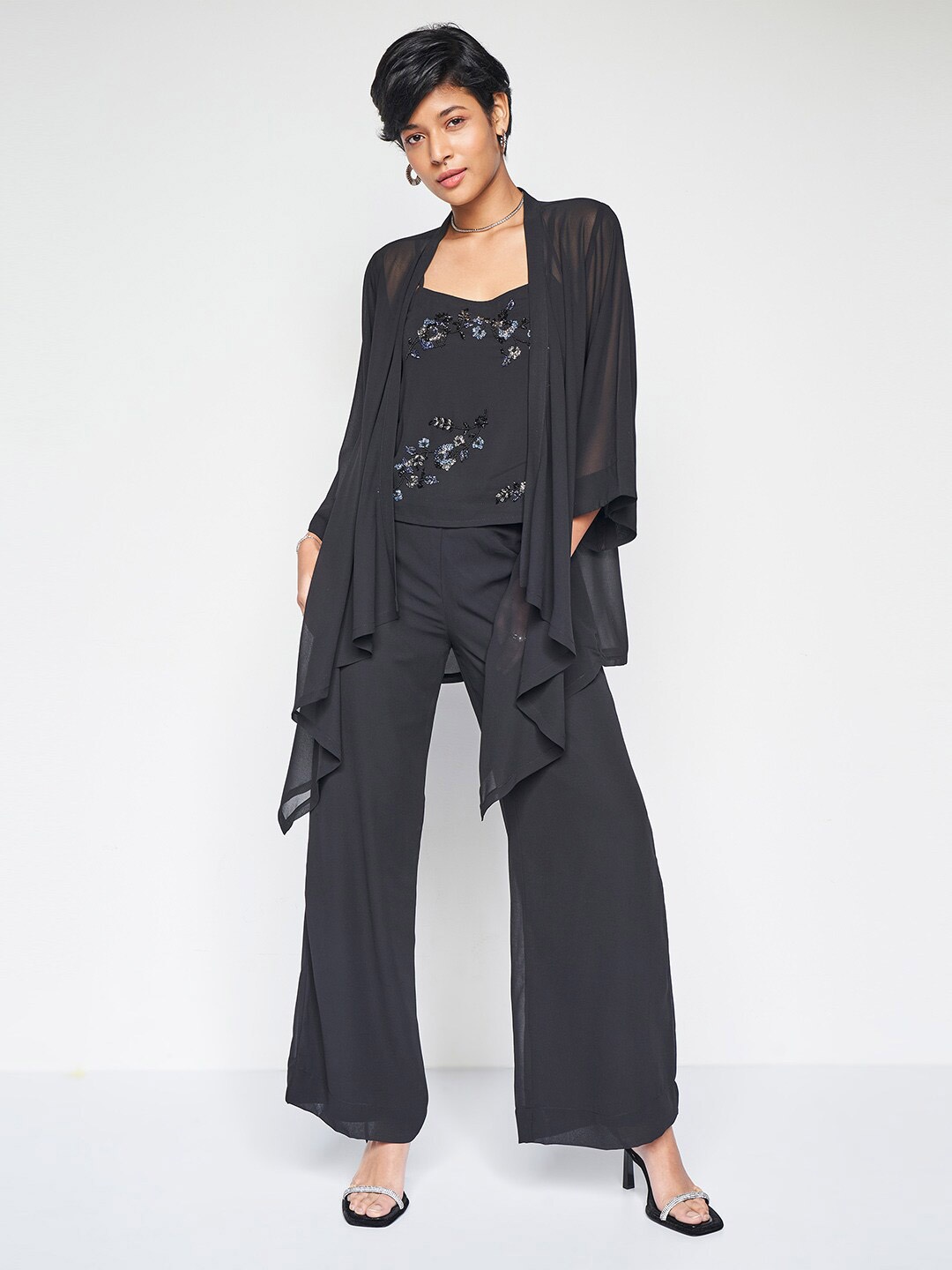 

AND Printed Square Neck Top With Palazzo, Black