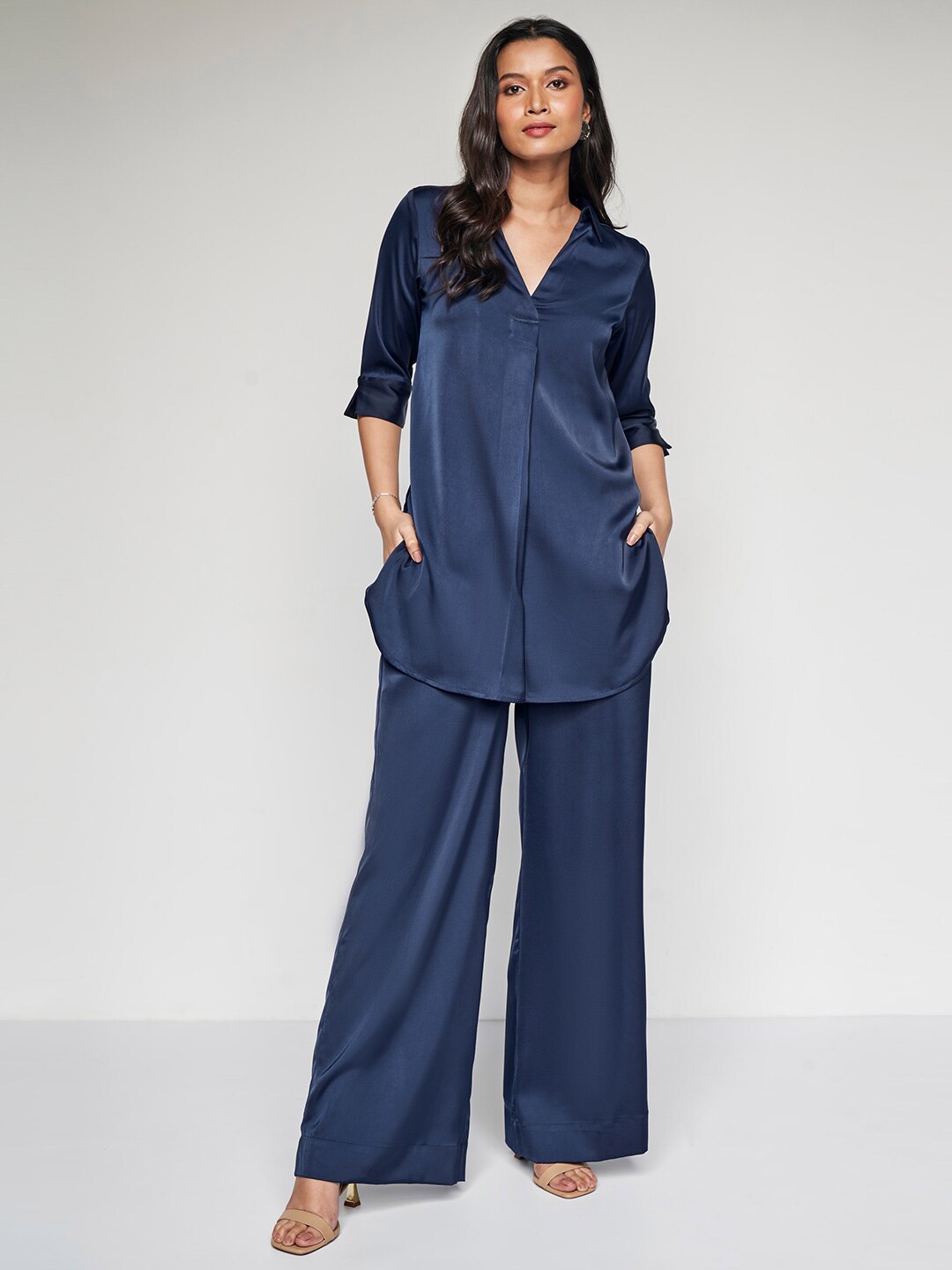 

AND Three-Quarter Sleeves Shirt & Flared Palazzos, Navy blue