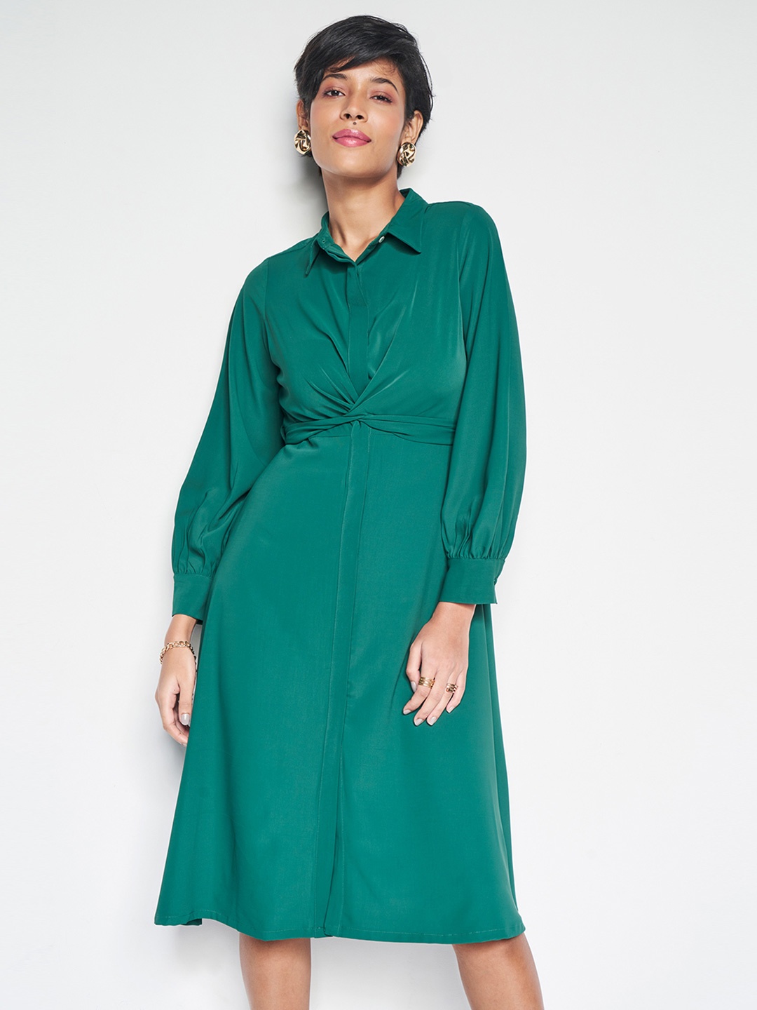

AND Cuffed Sleeves Shirt Midi Dress, Green