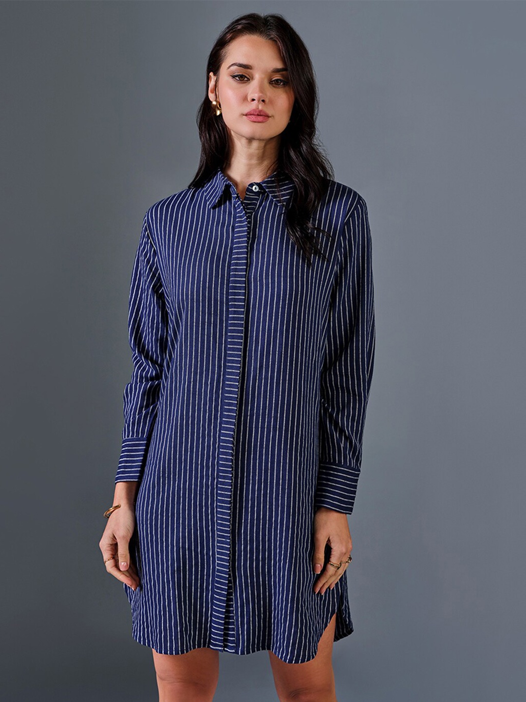 

AND Striped Shirt Collar Linen Shirt Dress, Blue