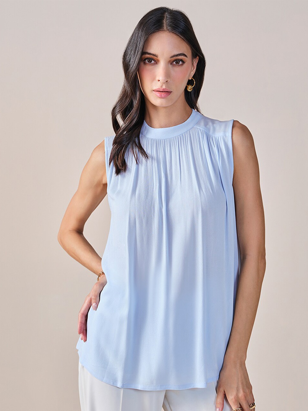 

AND Round Neck Sleeveless Styled Back Top, Blue