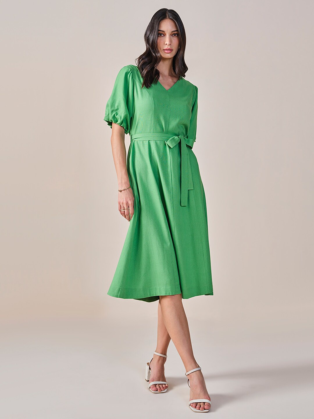 

AND V-Neck Puff Sleeves Tie-Ups A-Line Dress, Green