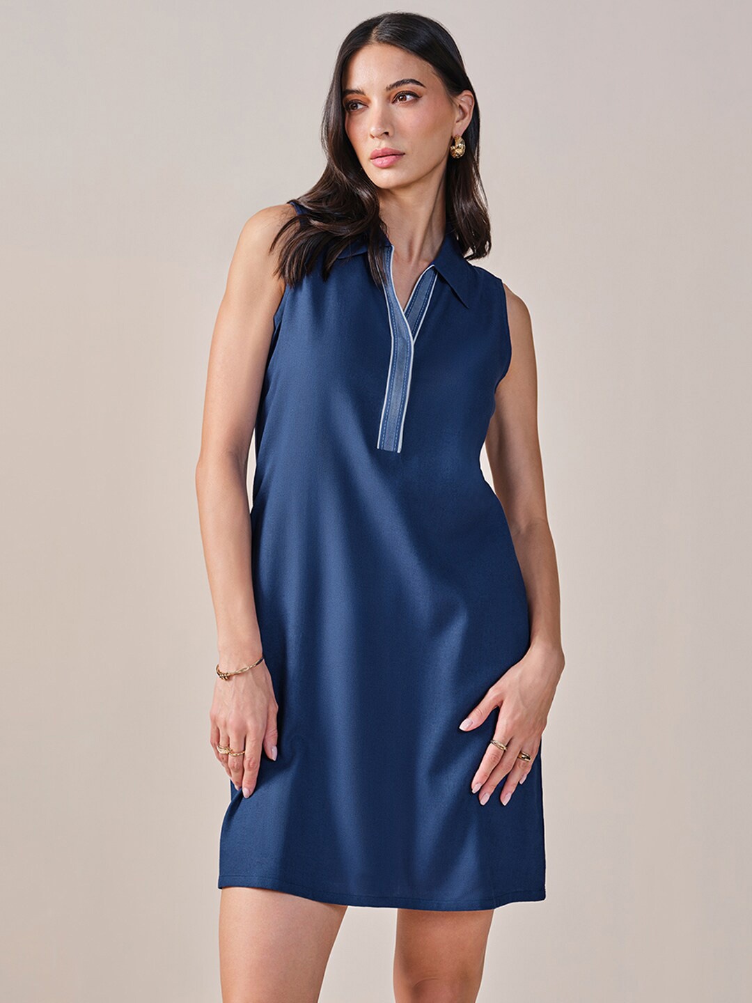 

AND Shirt Collar Sleeveless A-Line Dress, Navy blue