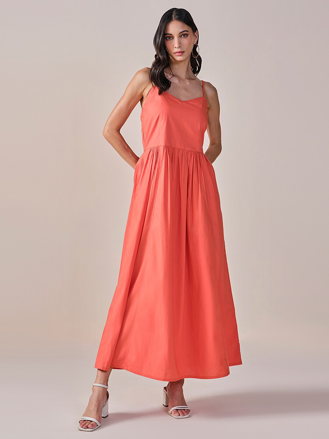 

AND Shoulder Straps A-Line Midi Dress, Orange