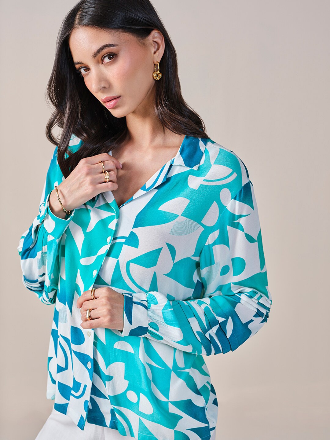 

AND Geometric Print Shirt Style Top, Blue