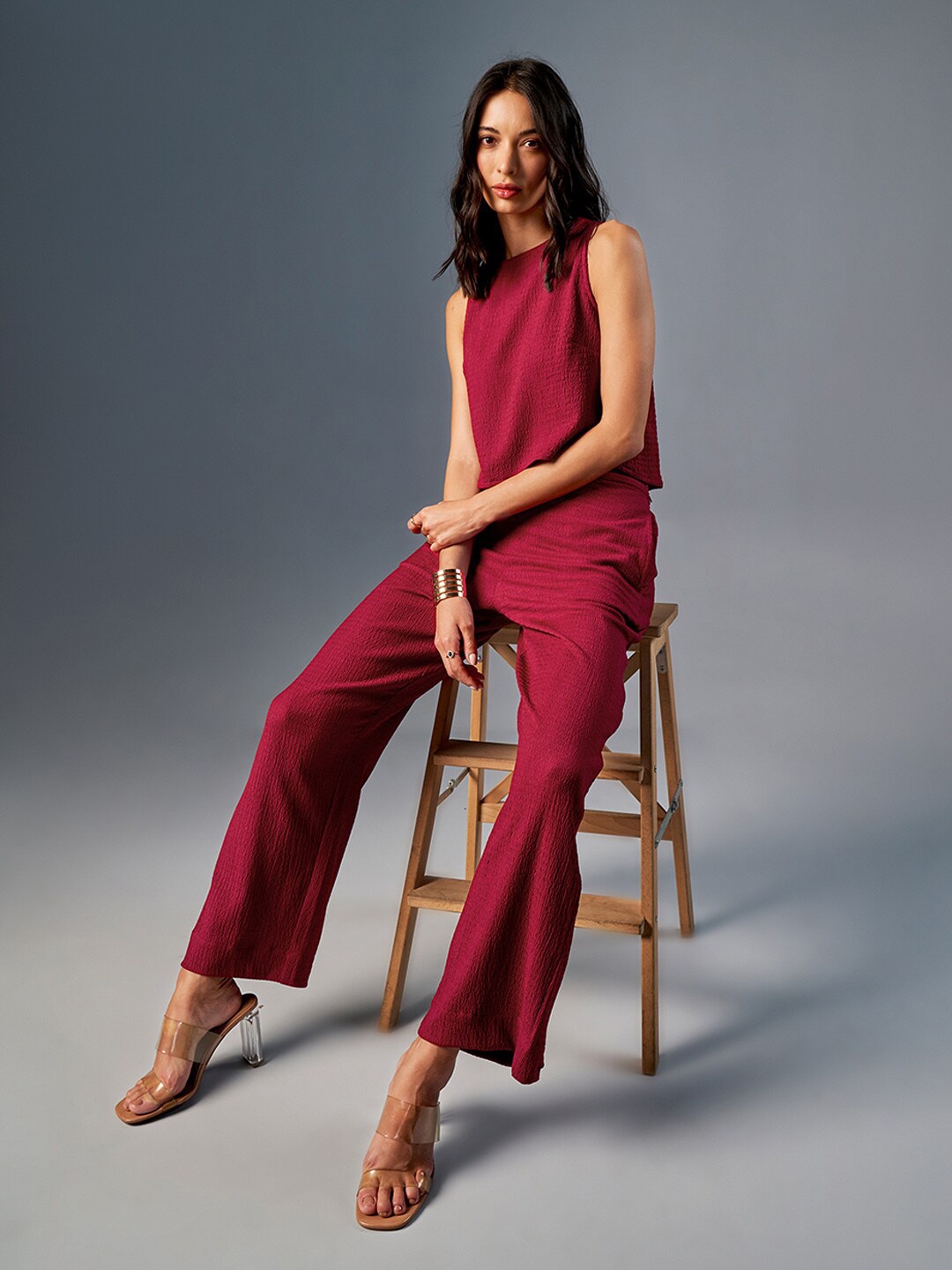 

AND Round Neck Sleeveless Top With Palazzo, Maroon