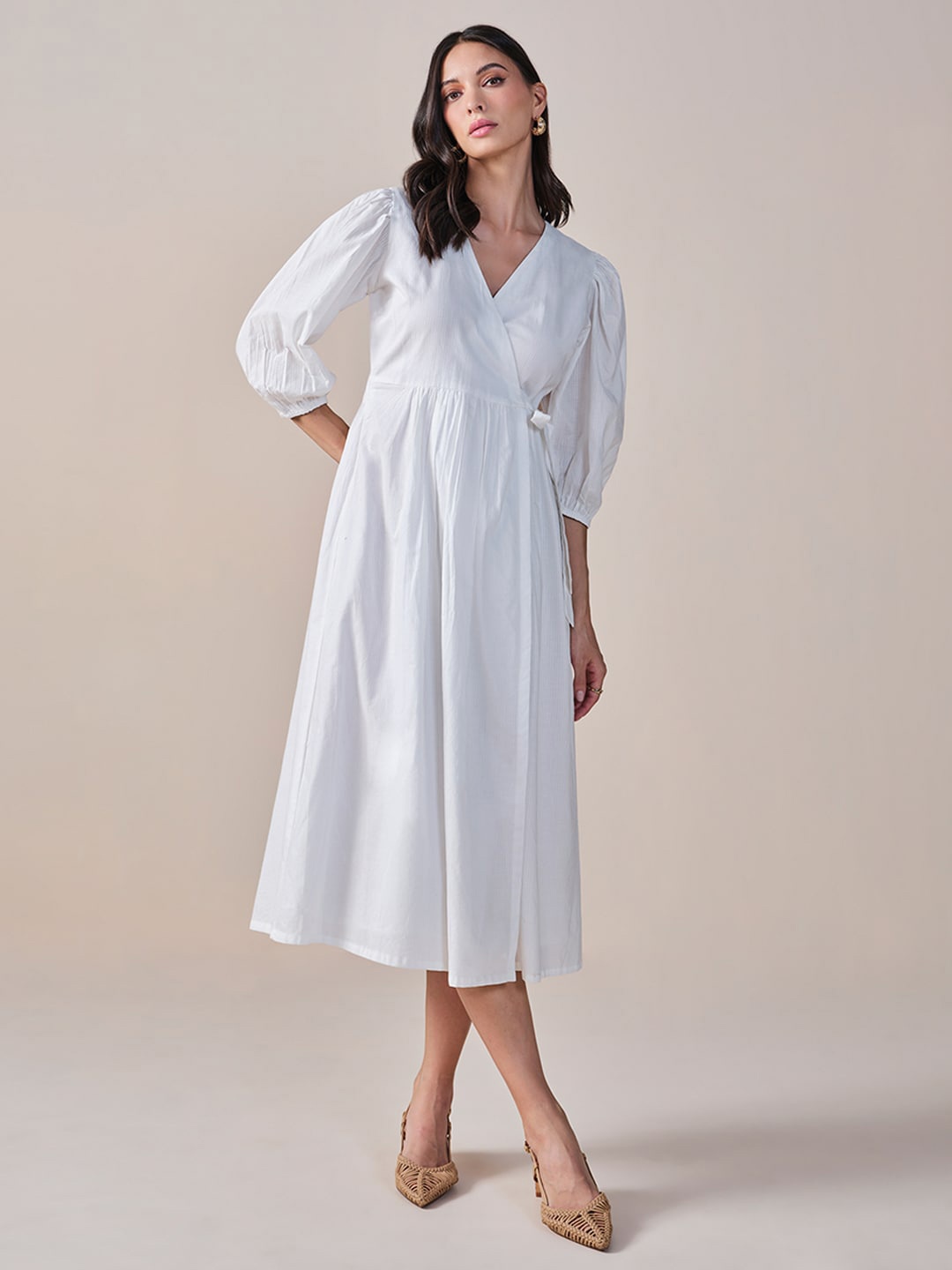 

AND Striped V-Neck Midi Dress, White
