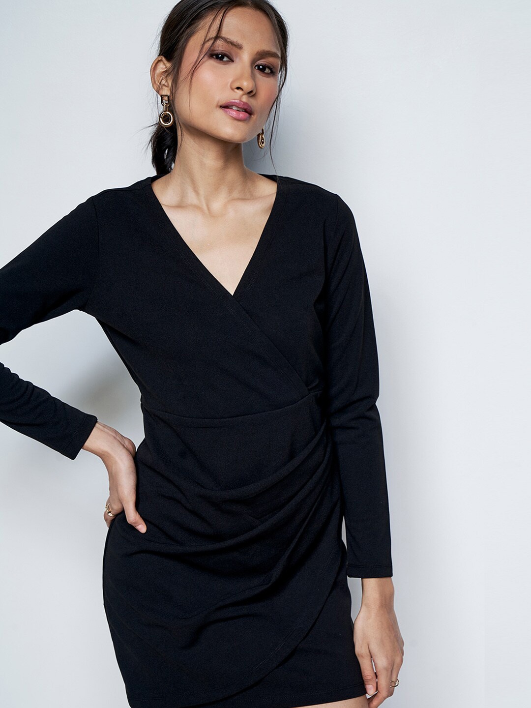 

AND V-Neck Long Sleeves Wrap Dress, Black