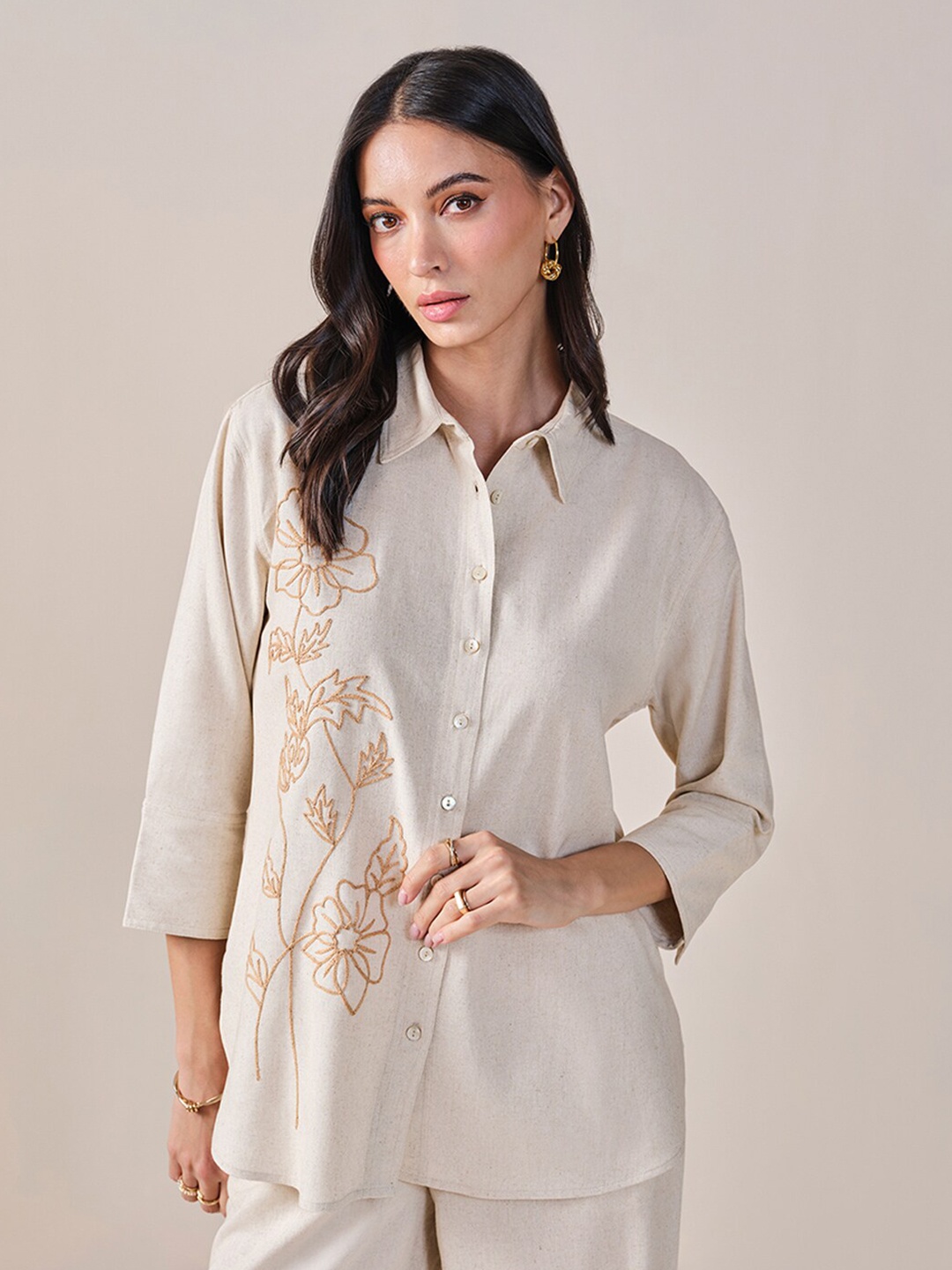 

AND Floral Shirt Style Top, Beige