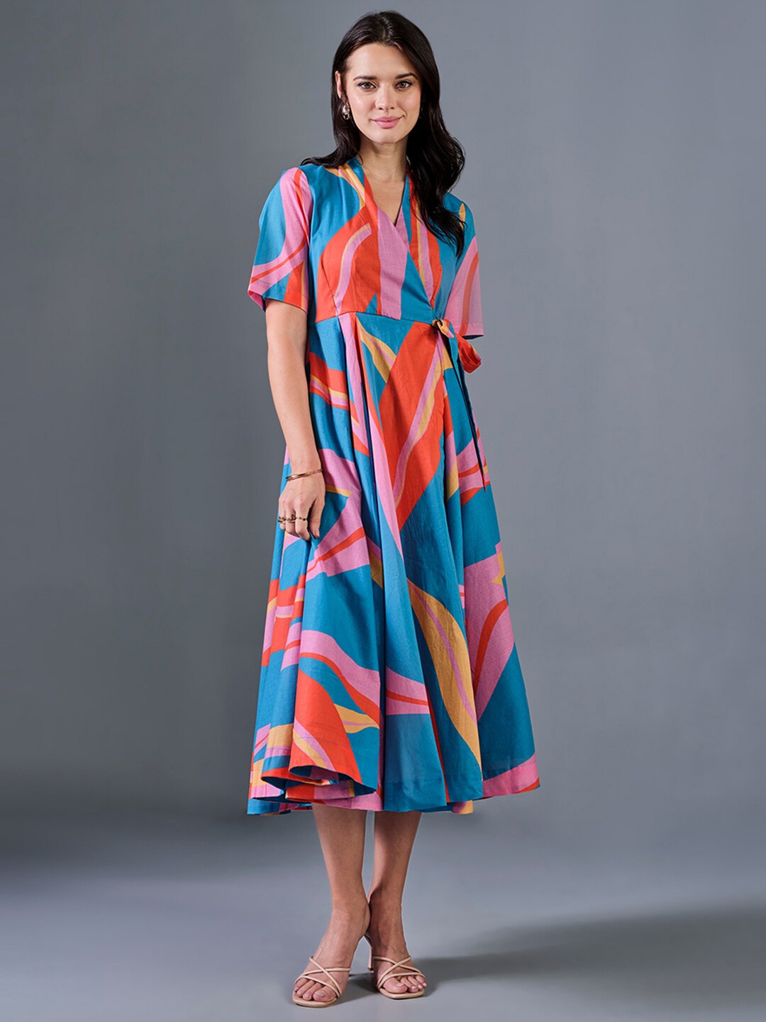 

AND Print V-Neck Fit & Flare Midi Dress, Red