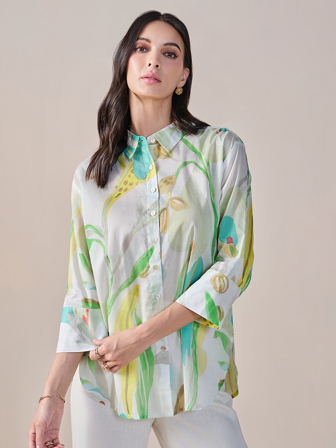

AND Print Cotton Shirt Style Top, Green