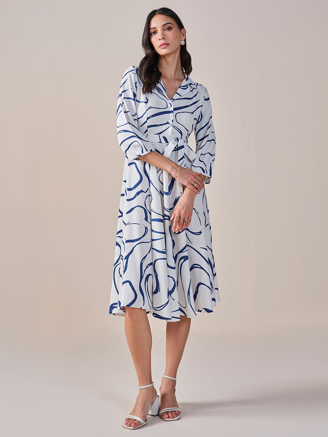 

AND Print Tie-Ups Shirt Dress, White