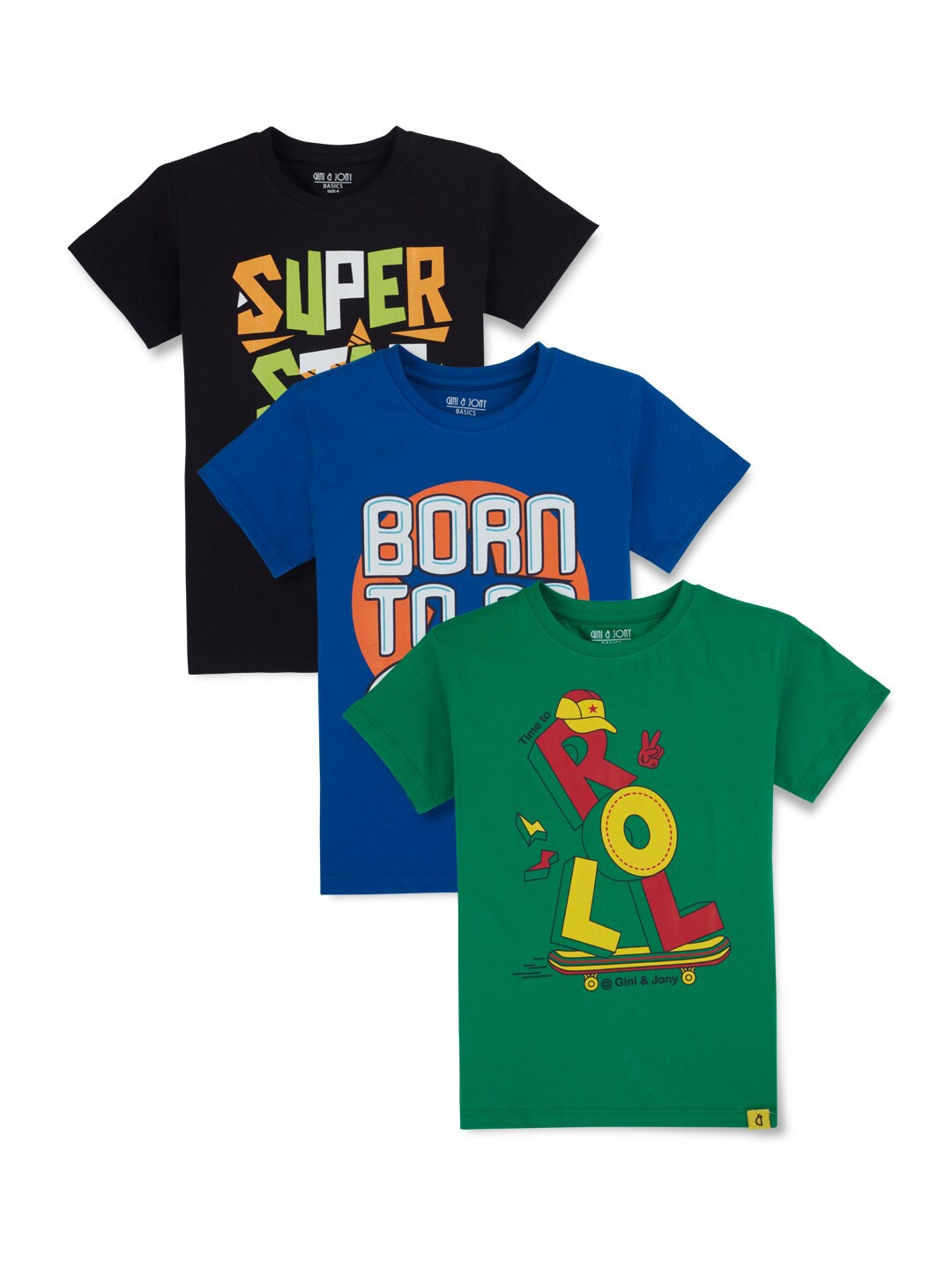 

Gini and Jony Pack Of 3 Boys Typography Printed Cotton T-shirts, Blue