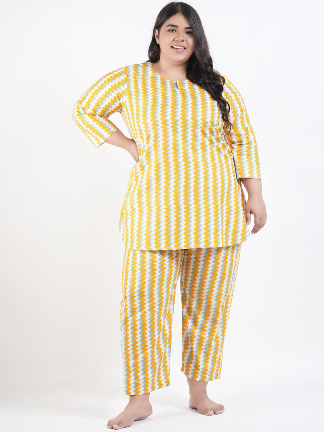 

LastInch Striped Pure Cotton Kurti With Pyjamas, Yellow