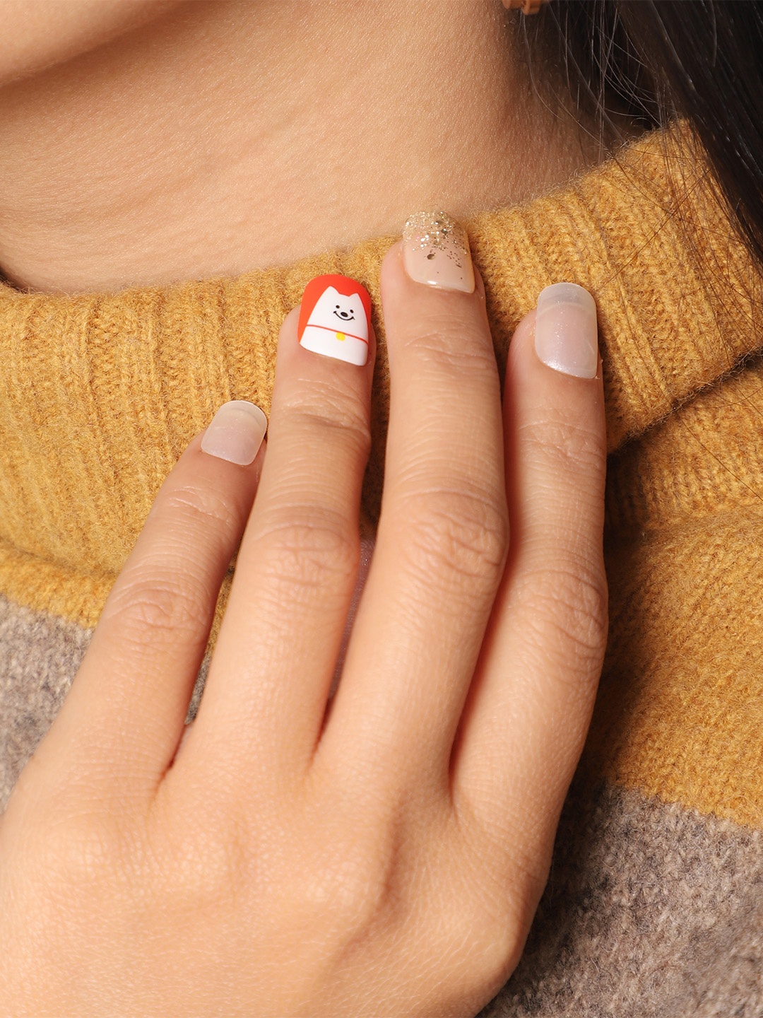

LICK 30 Pcs Glossy Glitter & Polka Dots Print Fake Artificial Press On Nails - White & Red