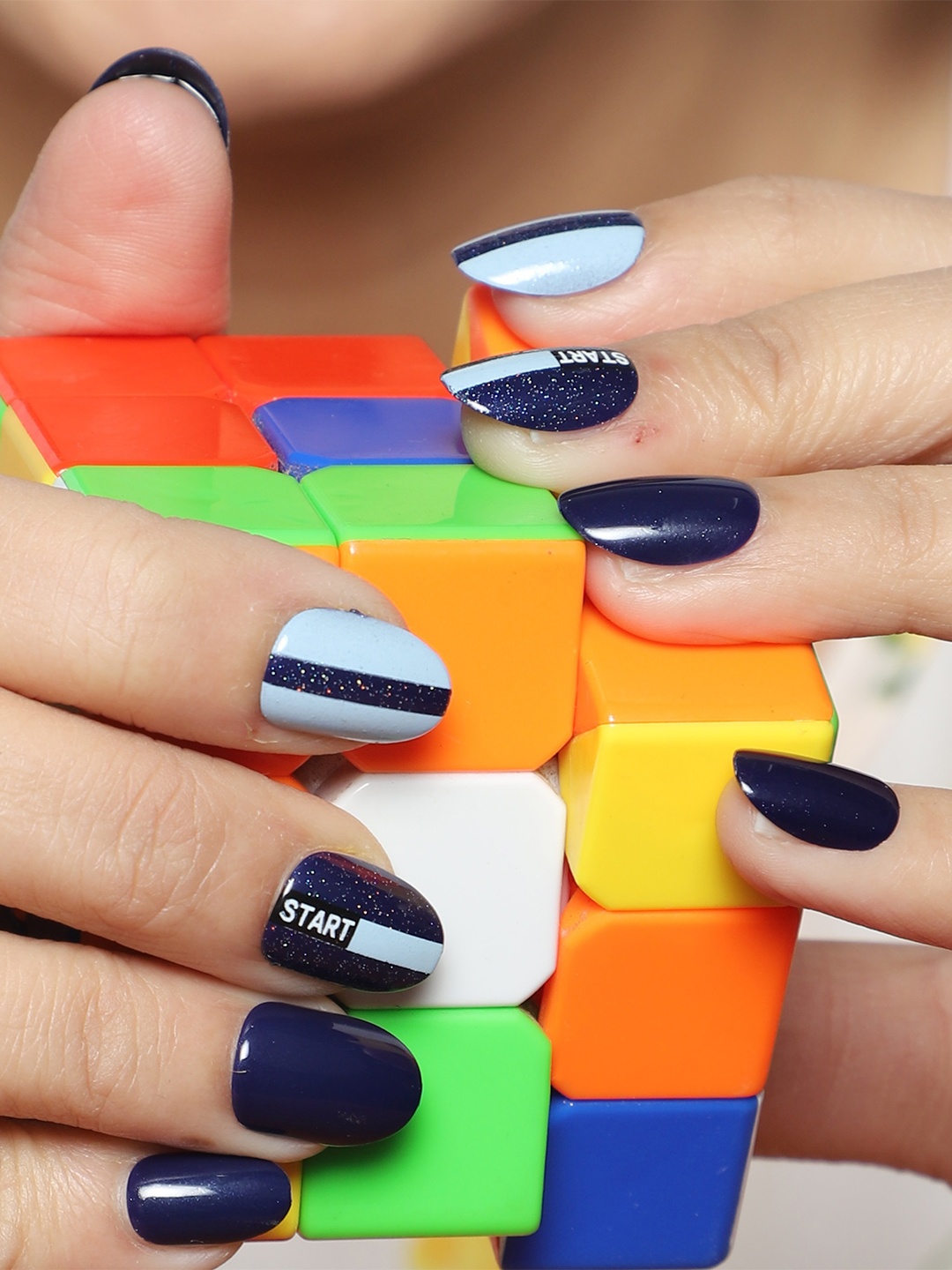 

LICK 30 Pcs Glossy Fake Reusable Artificial Press On Nails - Dark & Light Blue, Navy blue