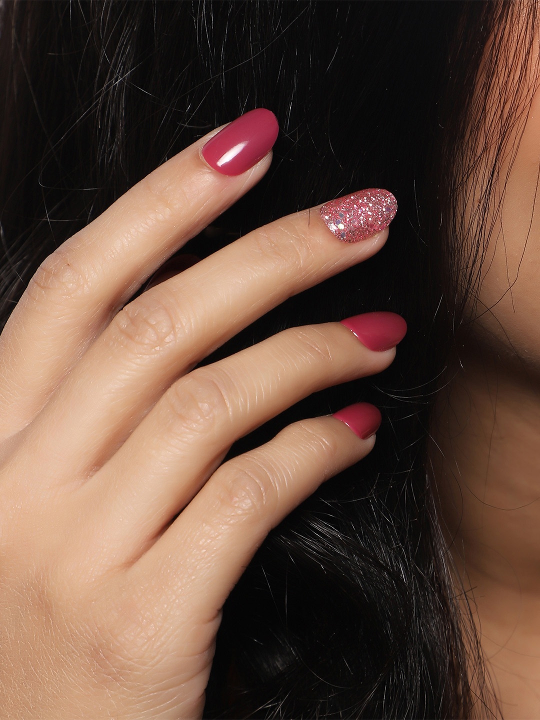 

LICK 30 Pcs Glossy Glitter Fake Reusable Artificial Press On Nails - Pink