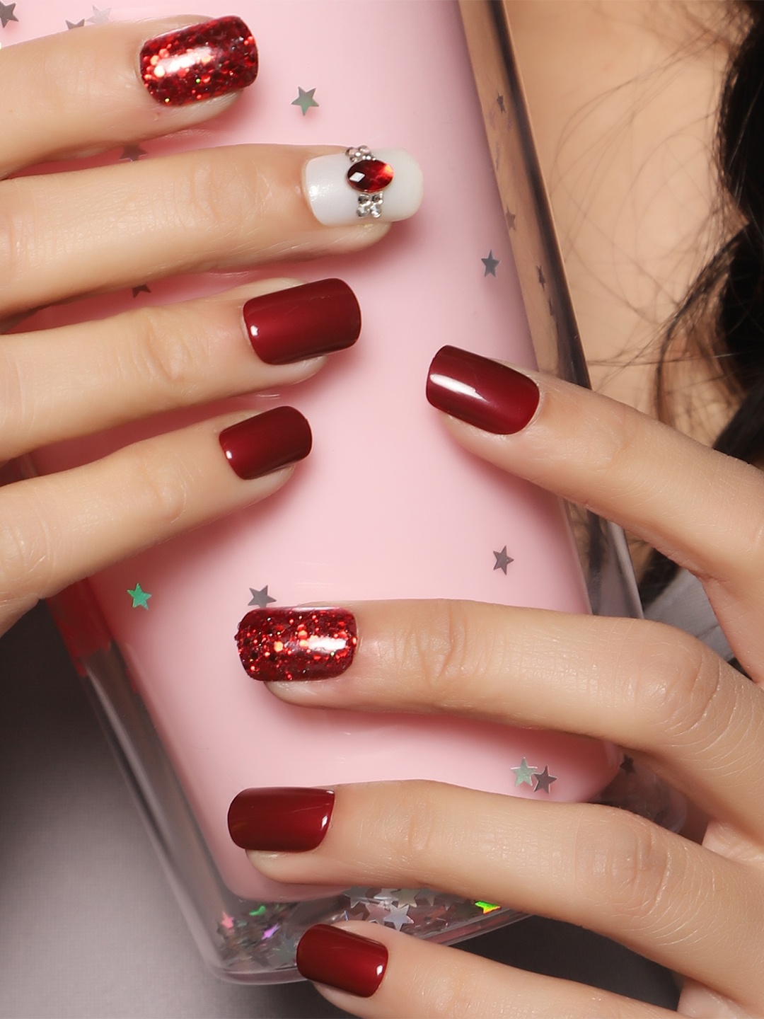 

LICK 30 Pcs Glossy Glitter & Stone Fake Artificial Press On Nails - Marron & White, Maroon