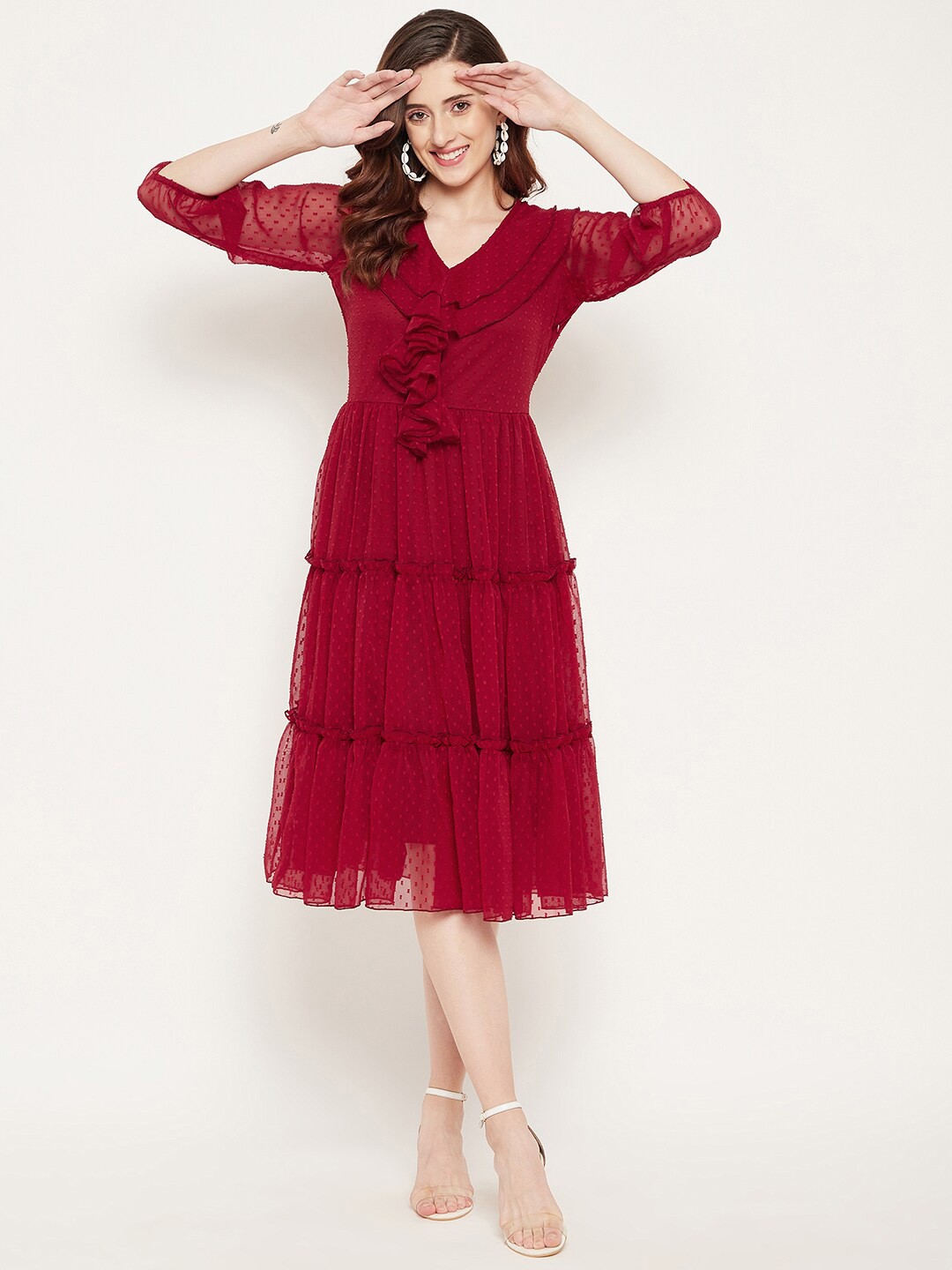 

Bitterlime V-Neck Regular Sleeves Tiered Midi A-Line Dress, Red