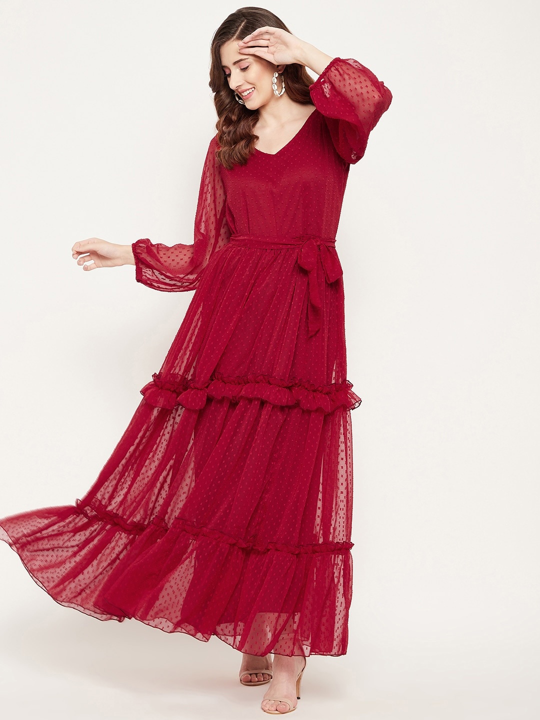 

Bitterlime V-Neck Puff Sleeve Tiered Maxi Dress, Red