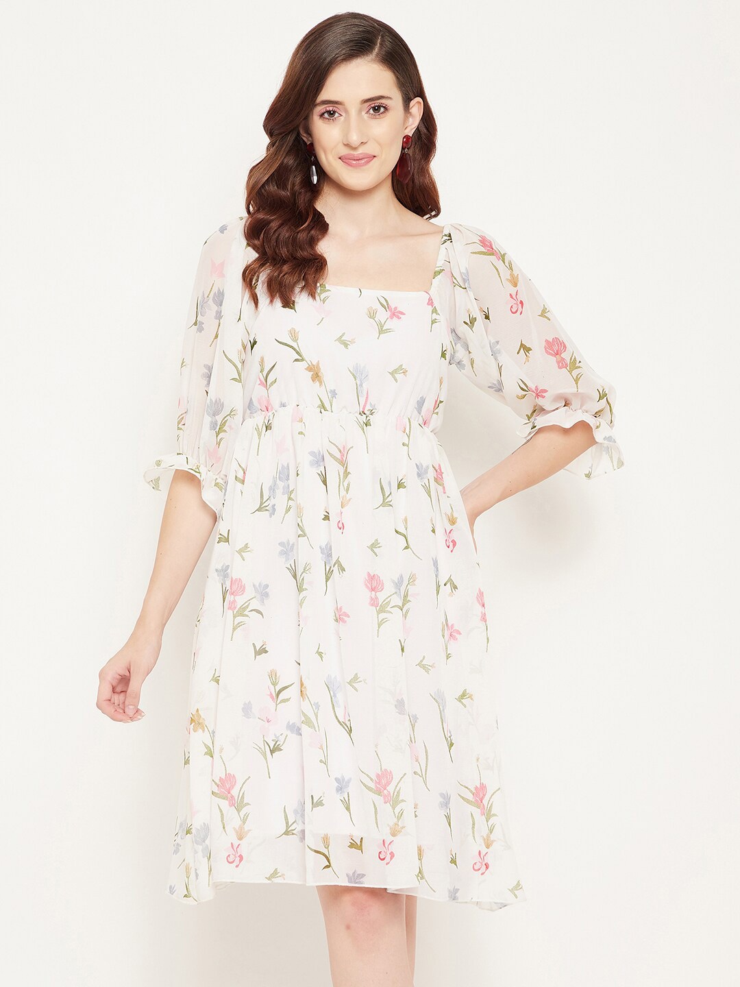 Bitterlime Floral Print Square Neck Puff Sleeve Georgette Fit & Flare Dress, White