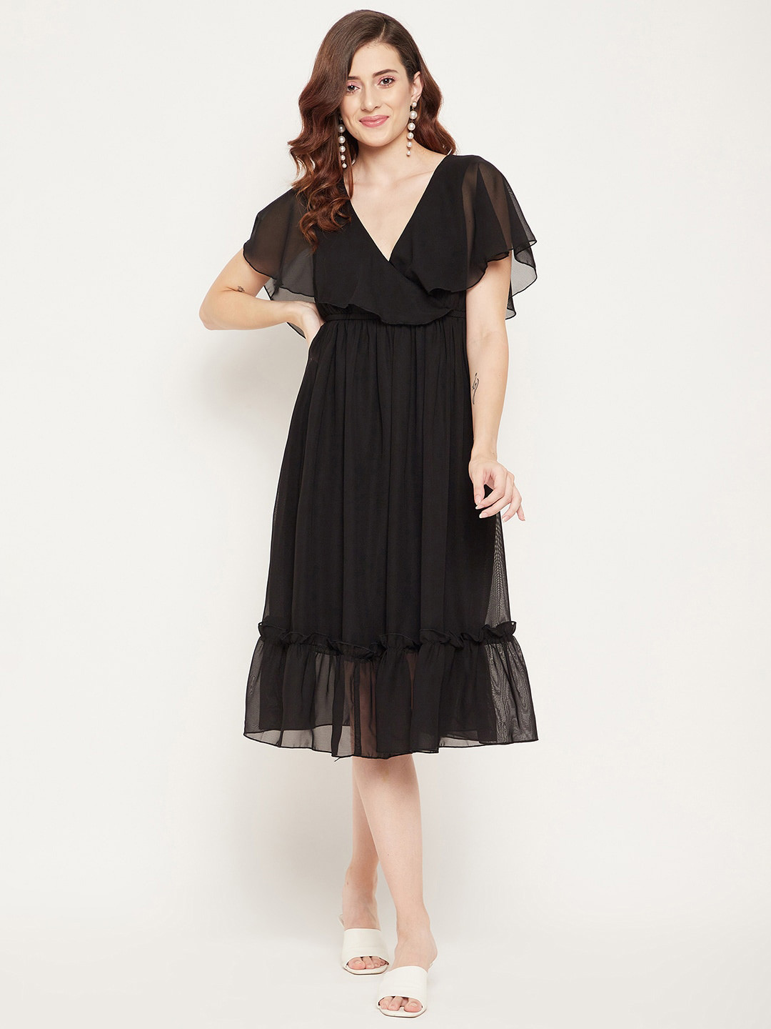 

Bitterlime V-Neck Flared Sleeves Midi Fit & Flare Dress, Black