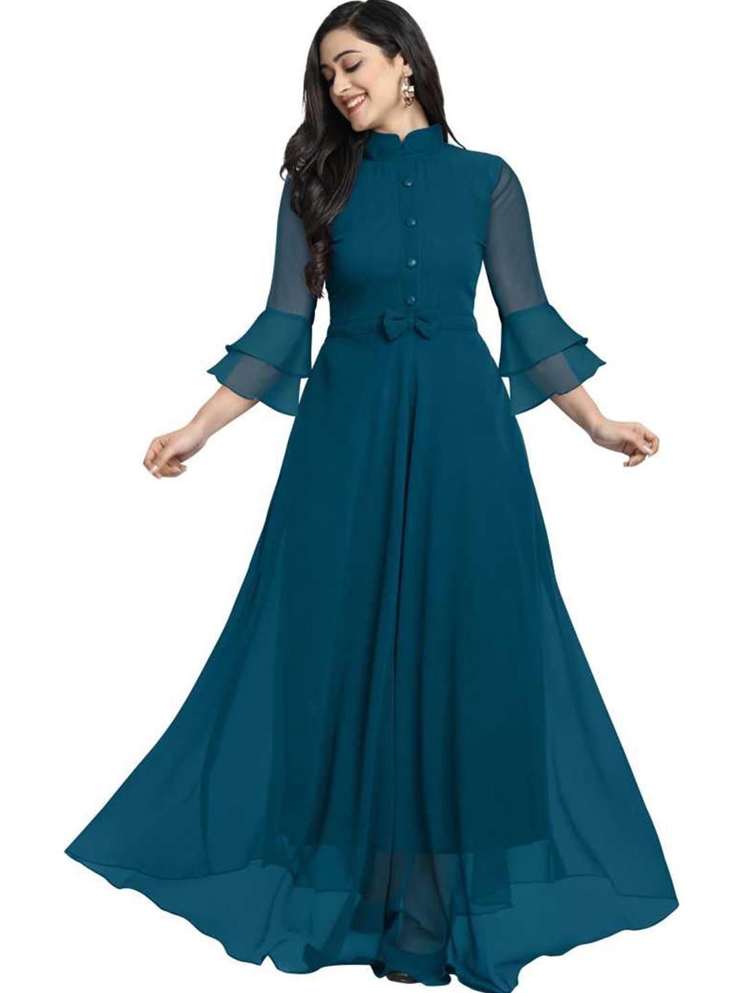 

Femvy High Neck Bell Sleeves Georgette Bow Detail Maxi Dress, Blue