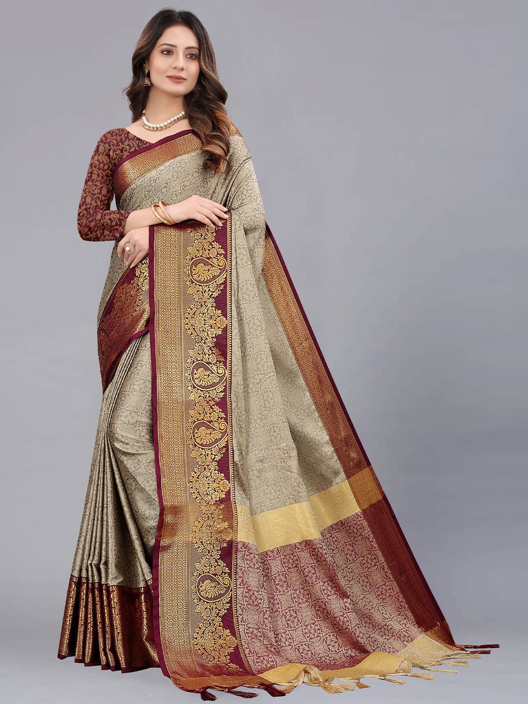 

V3 FASHION STUDIO Ethnic Motifs Woven Design Zari Pure Cotton Banarasi Saree, Grey