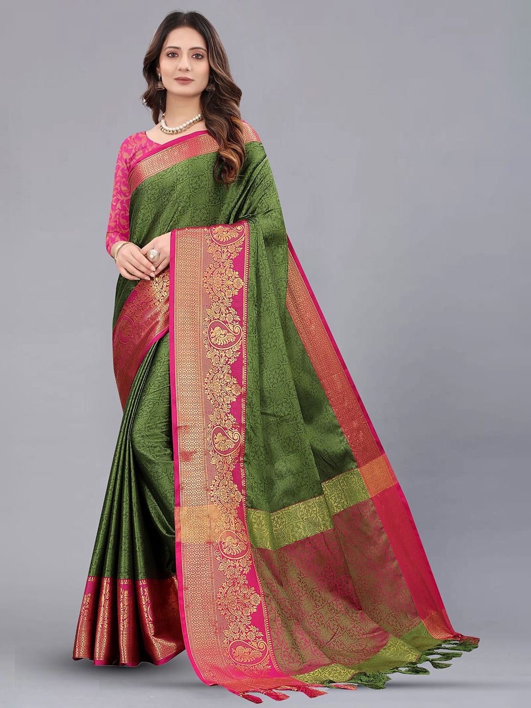 

V3 FASHION STUDIO Woven Design Zari Pure Cotton Banarasi Saree, Green