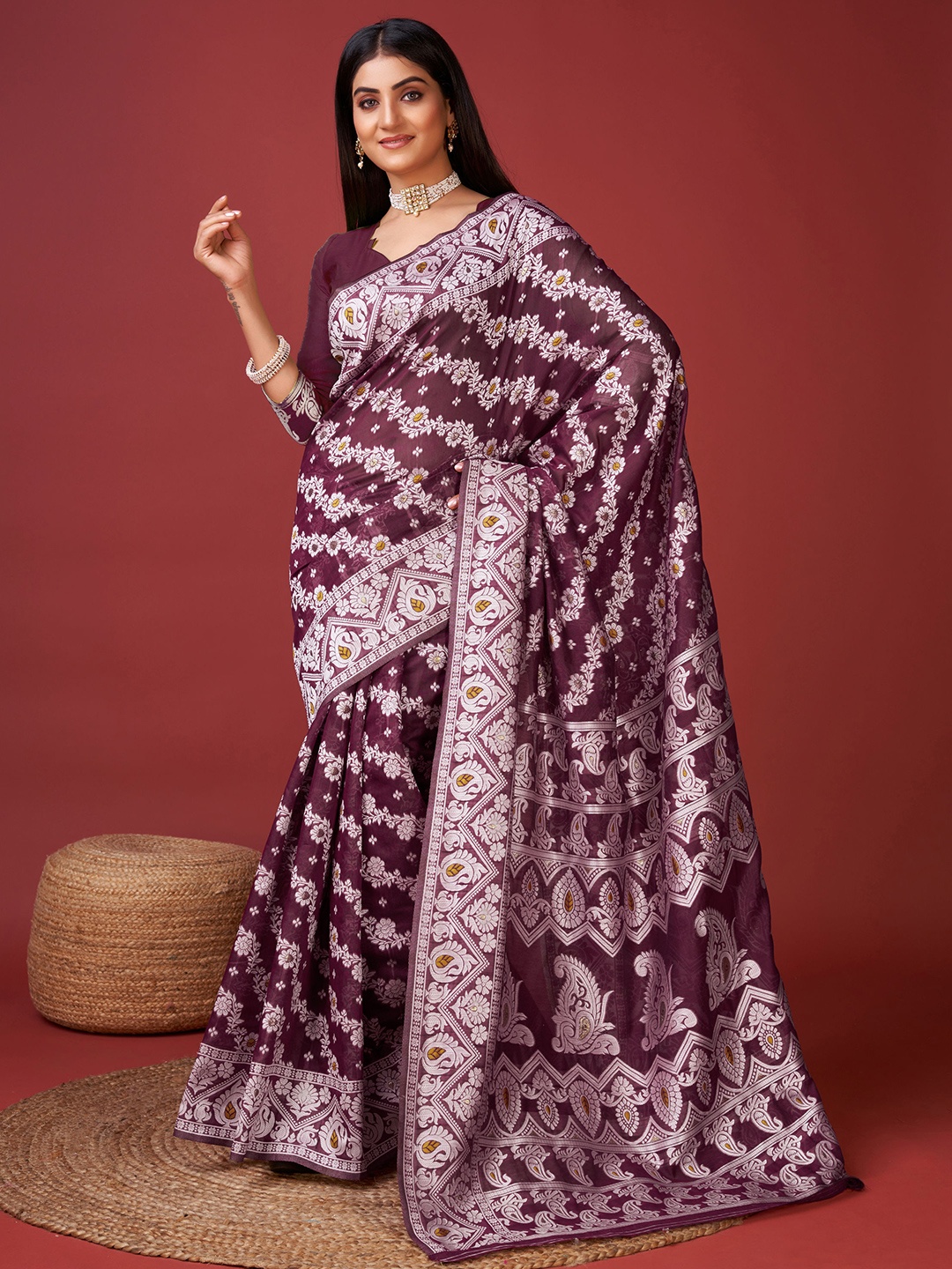 

V3 FASHION STUDIO Woven Design Zari Pure Cotton Banarasi Saree, Purple