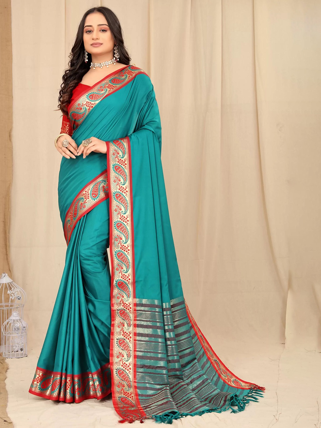 

V3 FASHION STUDIO Zari Pure Cotton Banarasi Saree, Blue