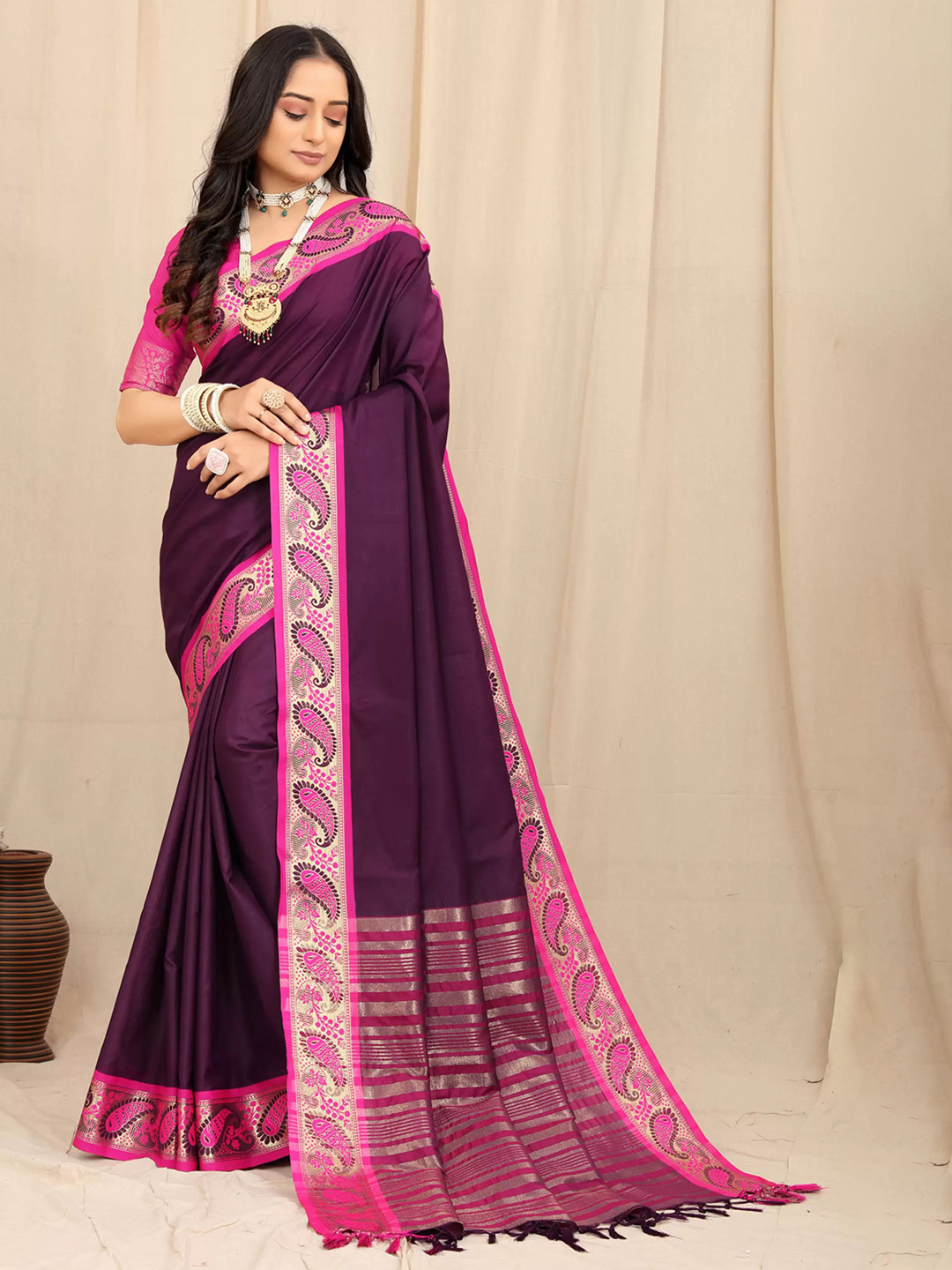 

V3 FASHION STUDIO Zari Pure Cotton Banarasi Saree, Purple