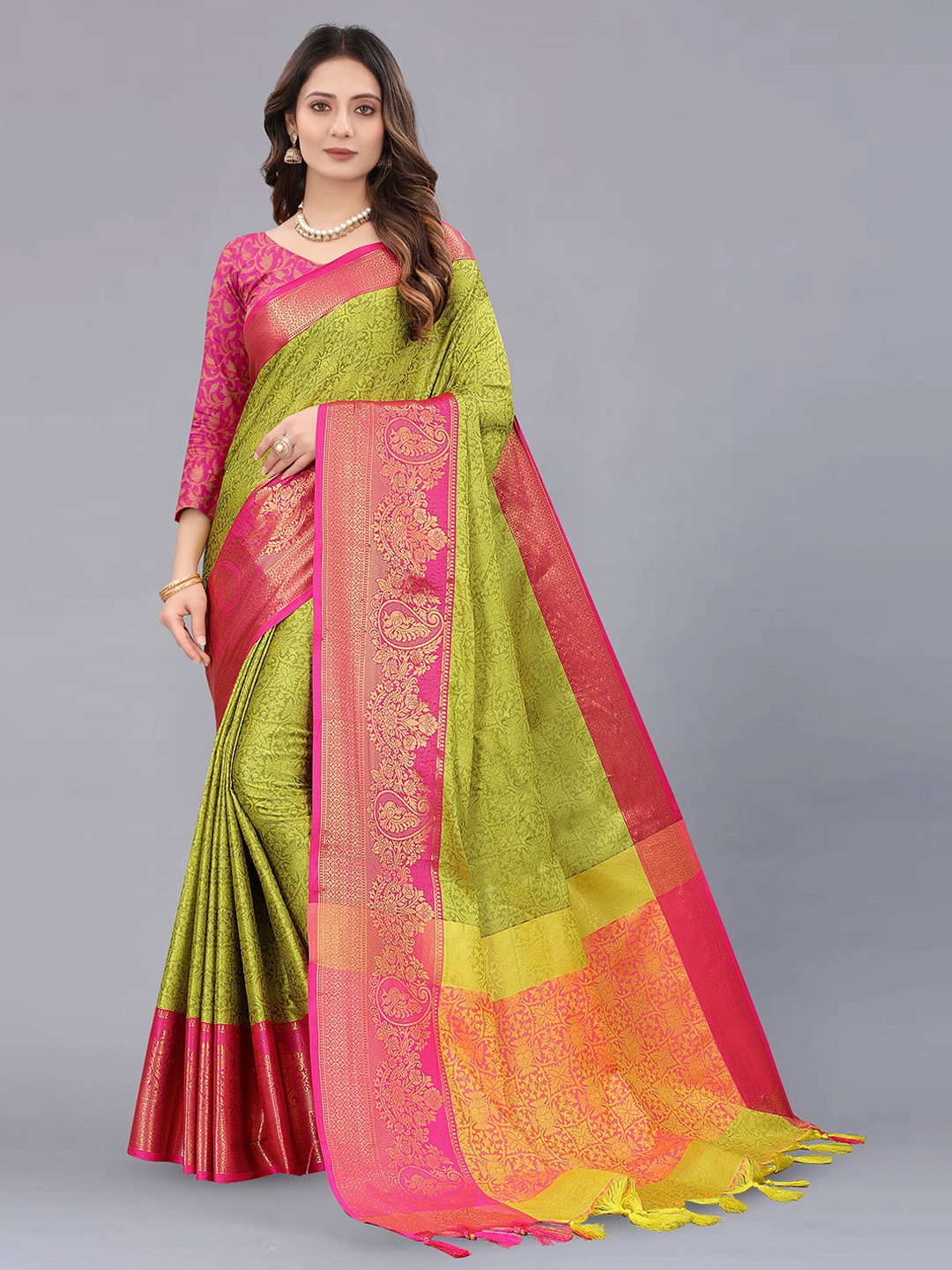 

V3 FASHION STUDIO Ethnic Motifs Woven Design Zari Pure Cotton Banarasi Saree, Lime green