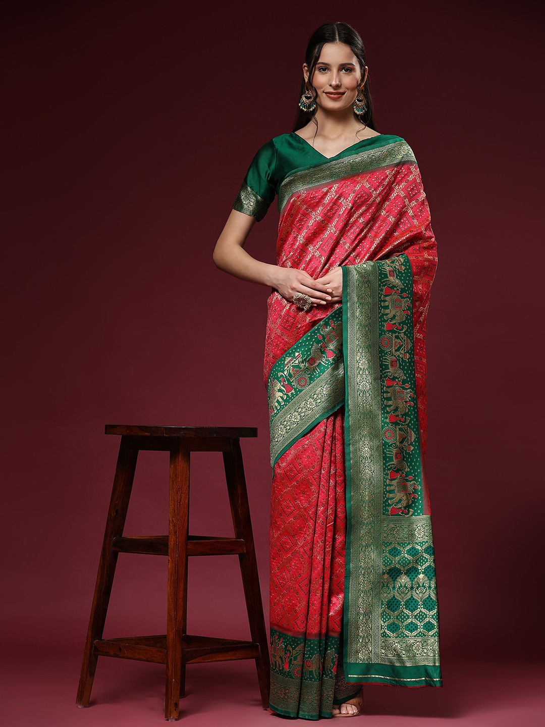 

V3 FASHION STUDIO Ethnic Motifs Woven Design Zari Patola Saree, Pink
