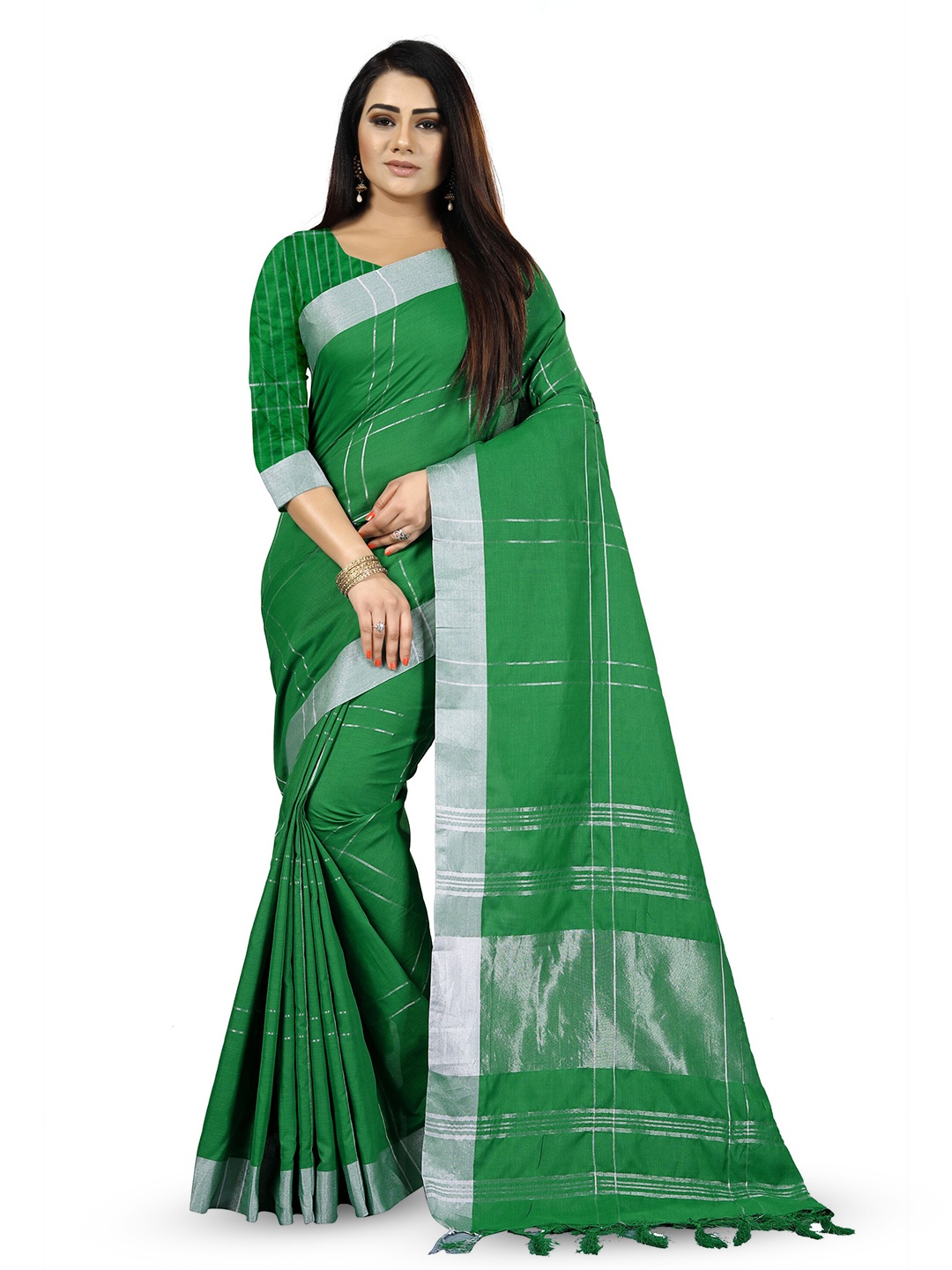 

V3 FASHION STUDIO Striped Woven Design Zari Pure Cotton Banarasi Saree, Green