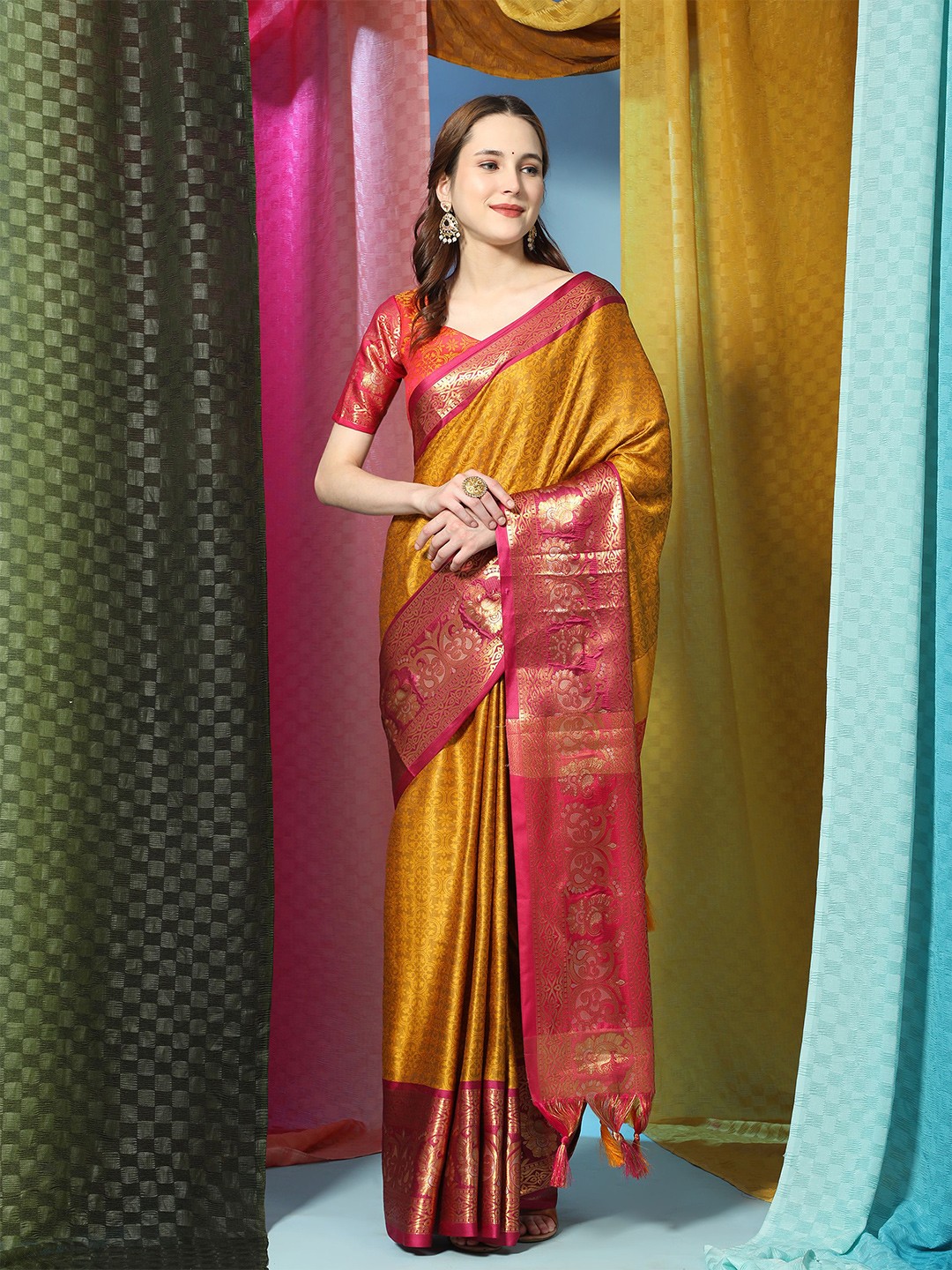 

V3 FASHION STUDIO Woven Design Zari Pure Cotton Banarasi Saree, Orange