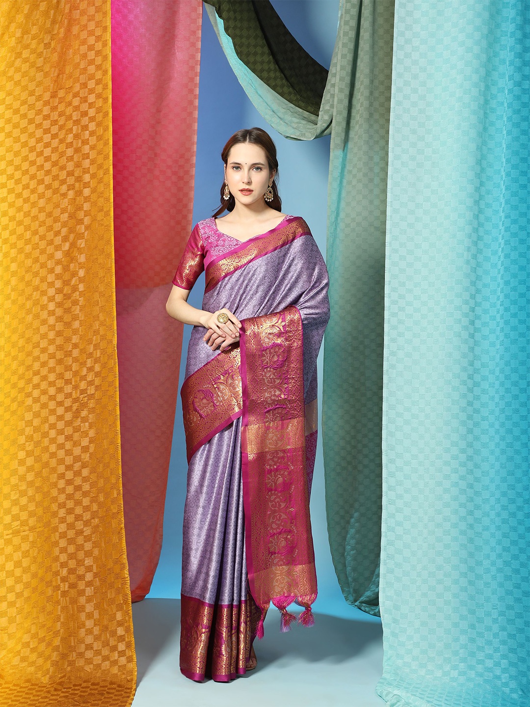 

V3 FASHION STUDIO Ethnic Motifs Woven Design Zari Pure Cotton Banarasi Saree, Purple