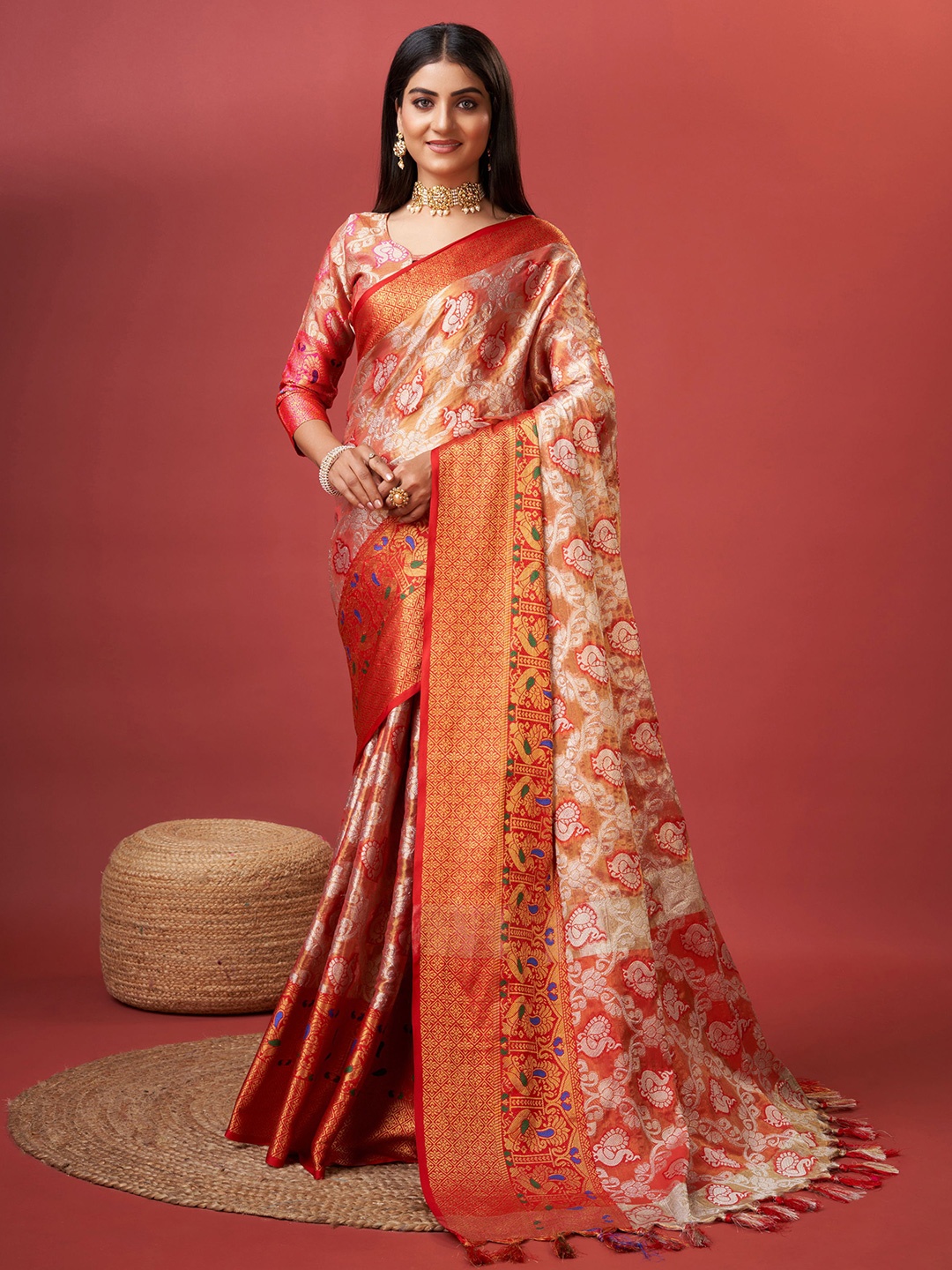 

V3 FASHION STUDIO Woven Design Zari Art Silk Paithani Saree, Red