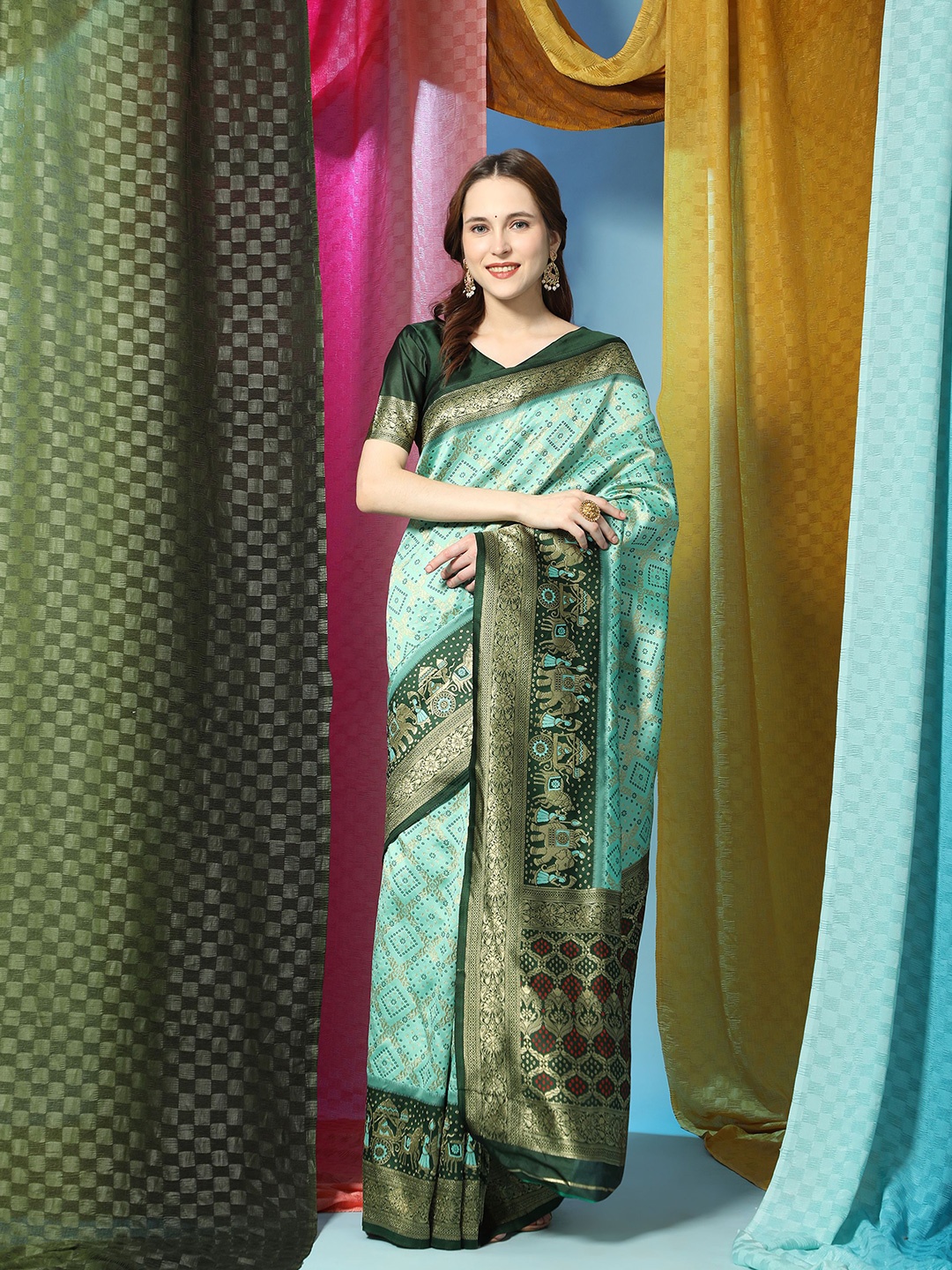 

V3 FASHION STUDIO Bandhani Zari Art Silk Patola Saree, Blue