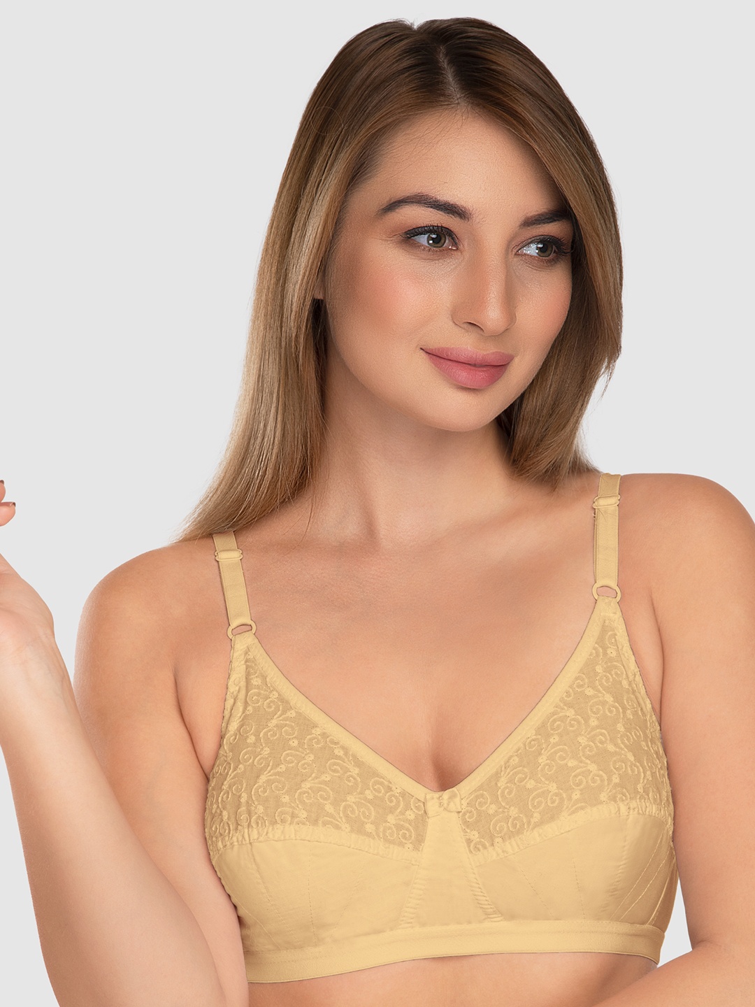 

Daisy Dee Floral Embroidered Full Coverage Cotton Everyday Bra With All Day Comfort, Beige