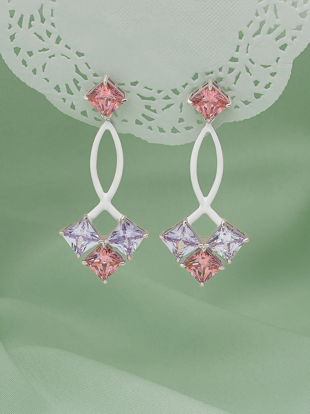 

SILBERRY 925 Sterling Silver Rhodium-Plated Cubic Zirconia Studded Drop Earrings