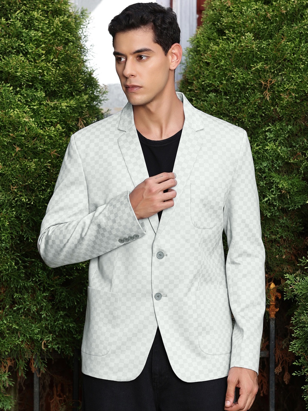 

Mast & Harbour Checked Notched Lapel Long Sleeves Slim Fit Single-Breasted Casual Blazer, Grey
