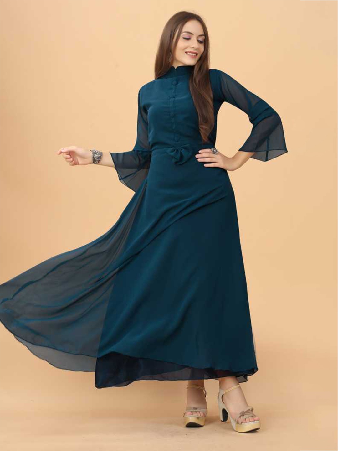 

Femvy High Neck Bell Sleeves Georgette Bow Detail Maxi Dress, Blue
