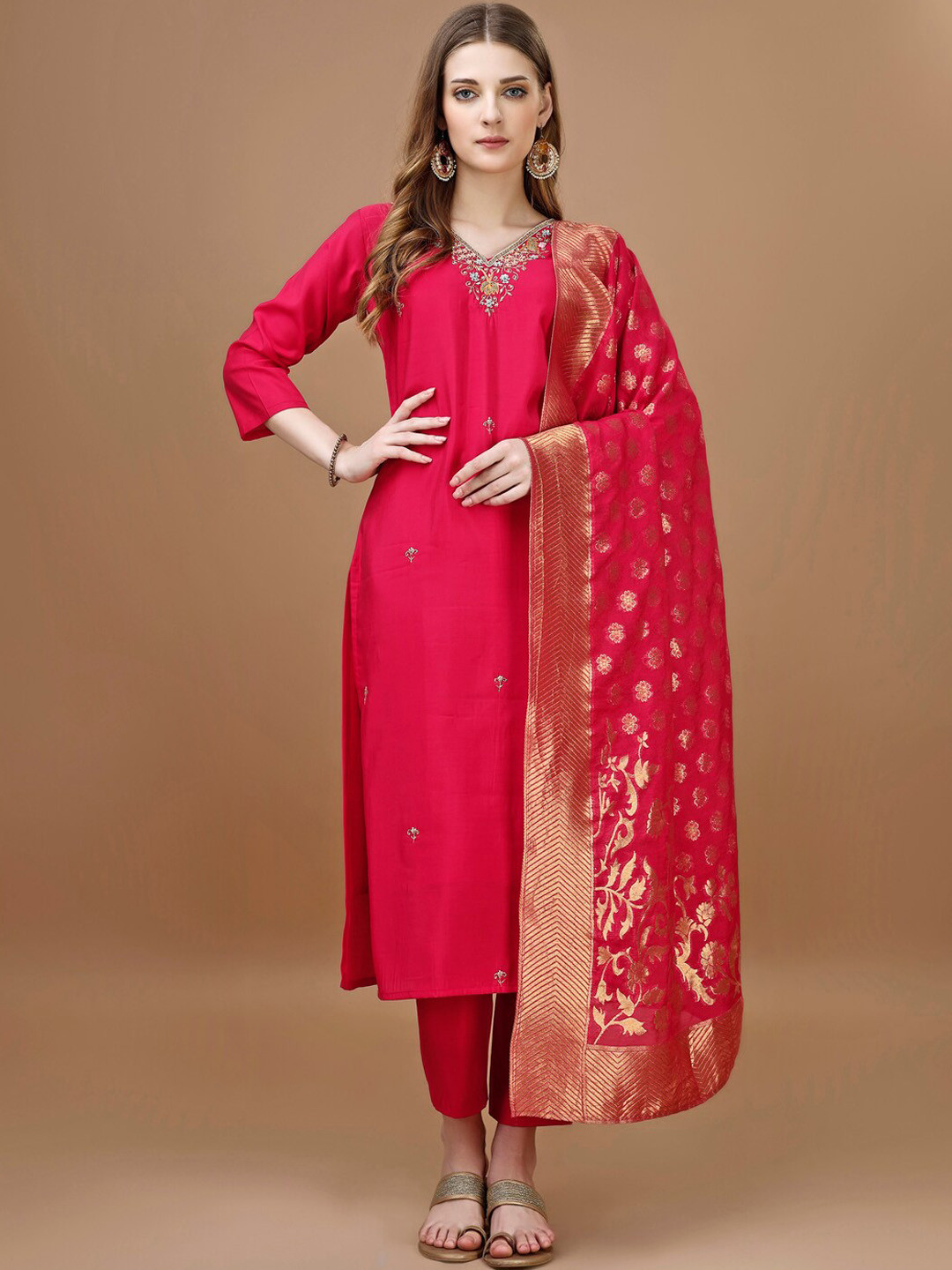 

KALINI Embroidered Beads and Stones Chanderi Cotton Straight Kurta With Trousers & Dupatta, Pink