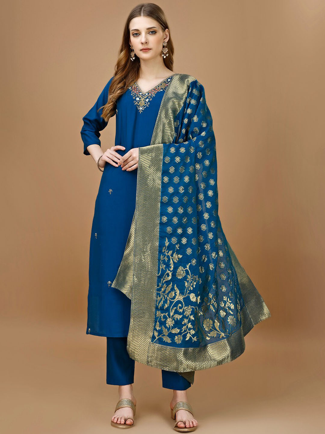 

KALINI Embroidered Beads and Stones Chanderi Cotton Straight Kurta with Trousers & Dupatta, Navy blue