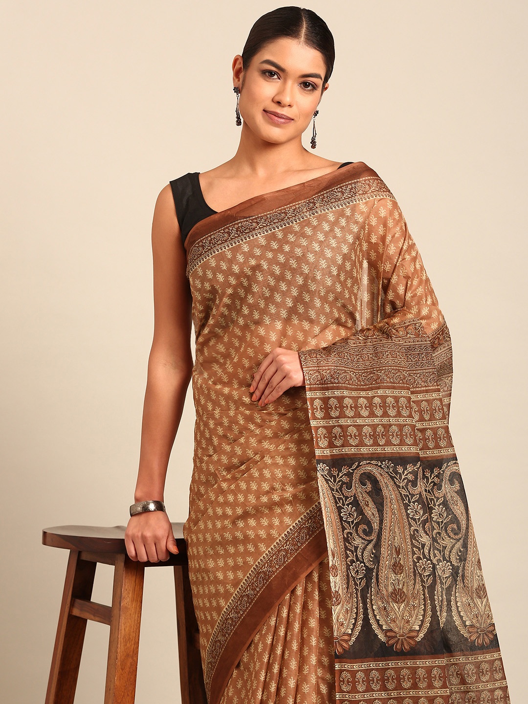 

SHANVIKA Floral Pure Cotton Saree, Brown