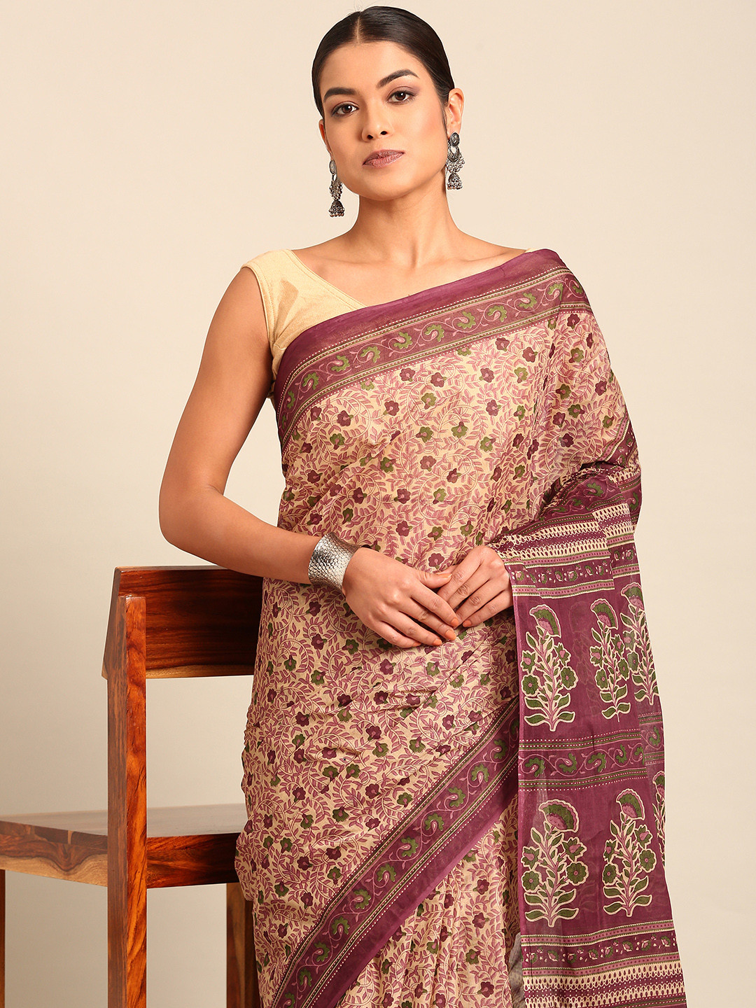 

SHANVIKA Floral Pure Cotton Saree, Beige