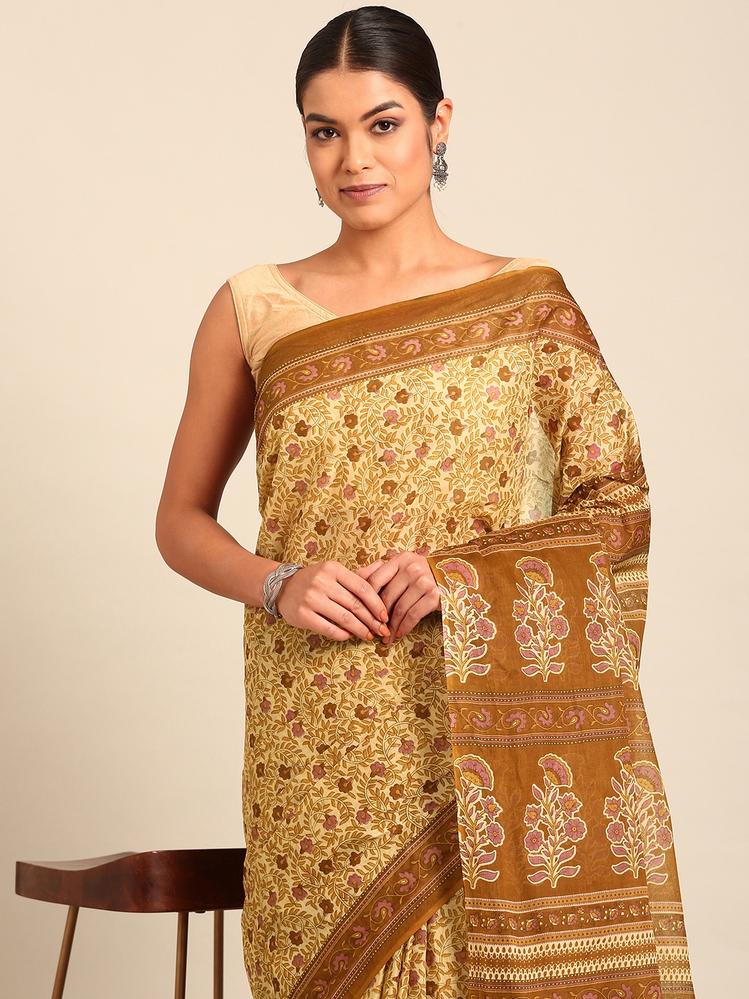 

SHANVIKA Floral Pure Cotton Saree, Beige