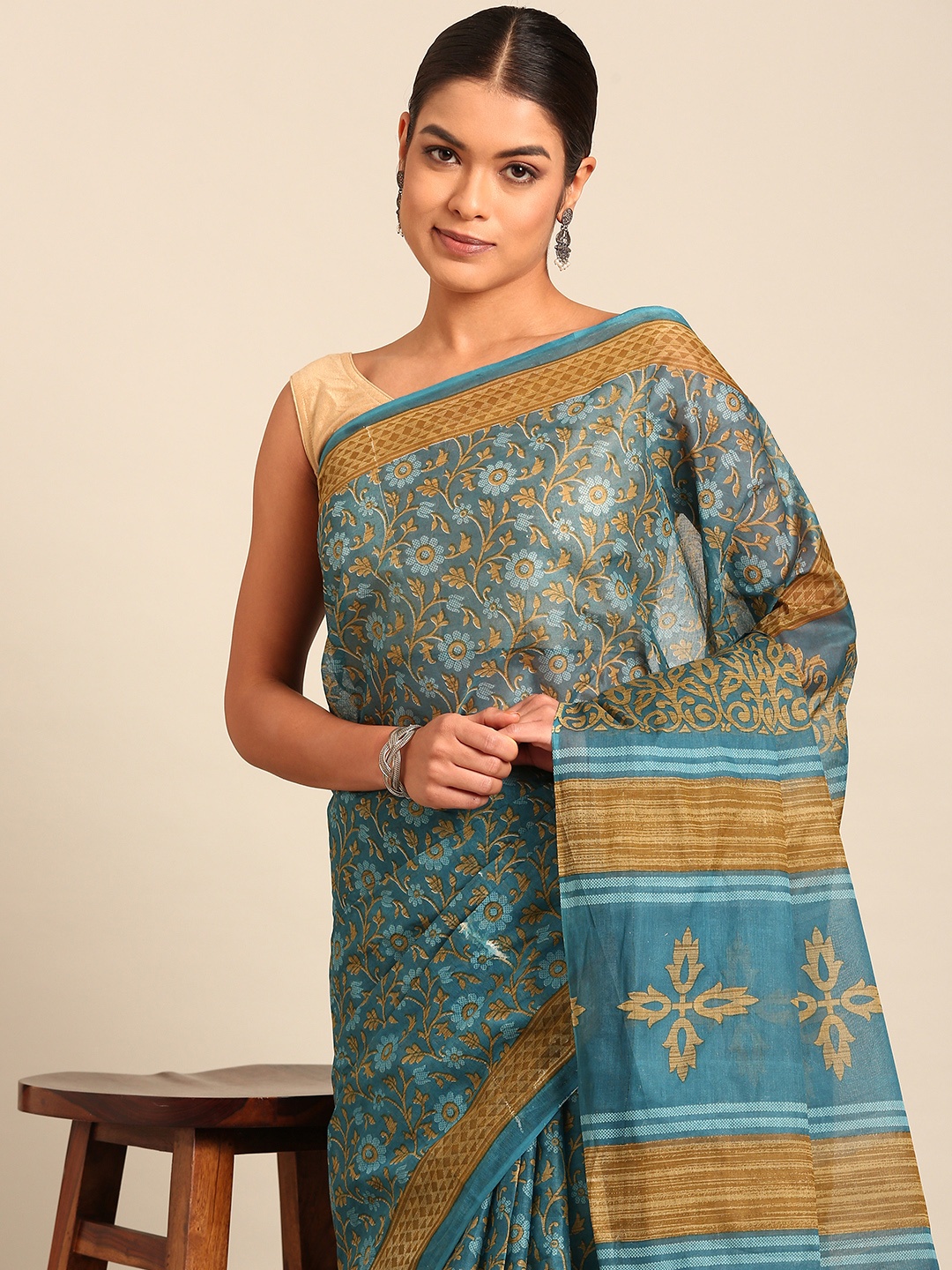 

SHANVIKA Floral Pure Cotton Saree, Teal