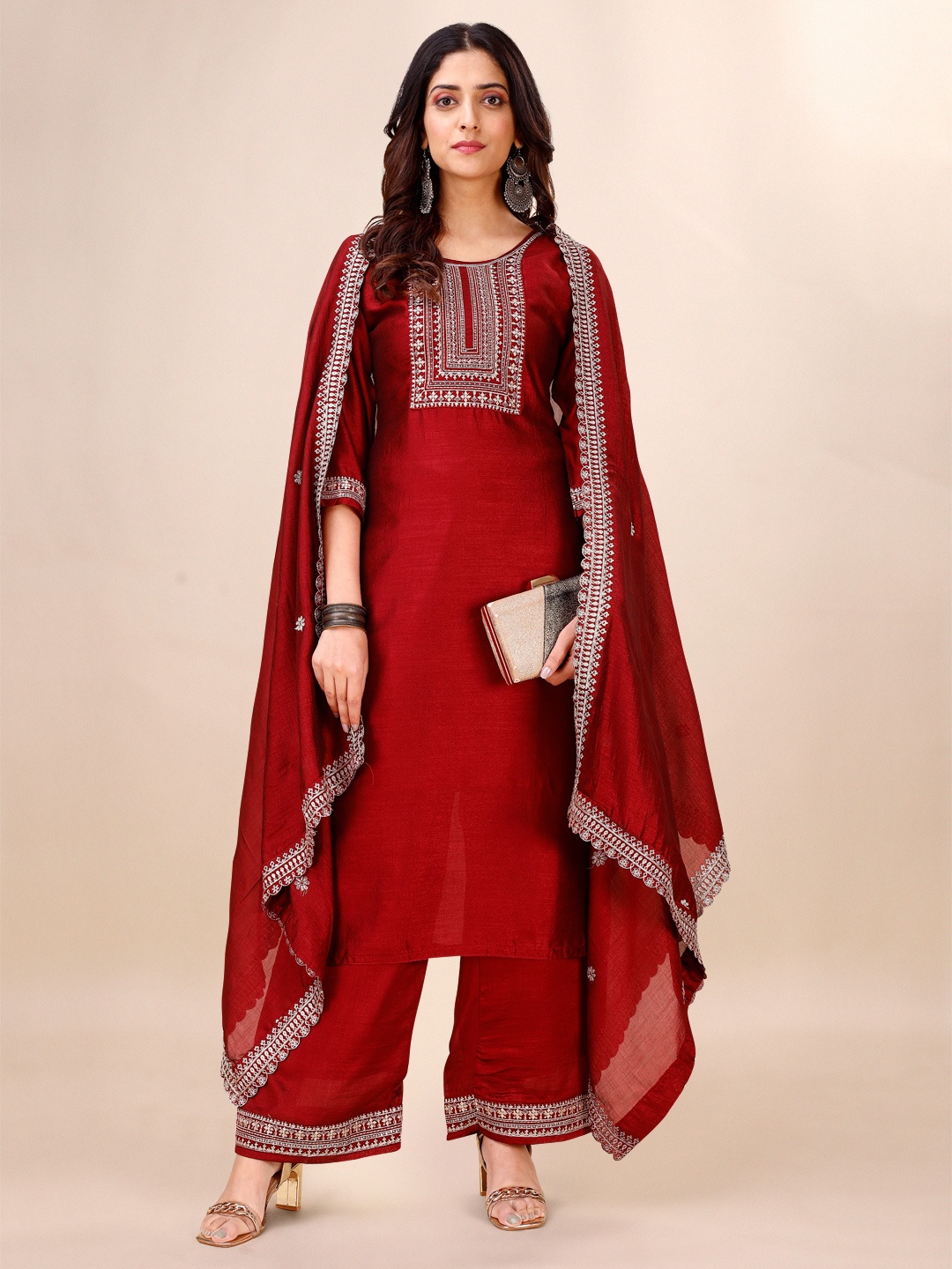 

GOROLY Floral Yoke Design Empire Thread Work Kurta With Palazzo & Dupatta, Maroon